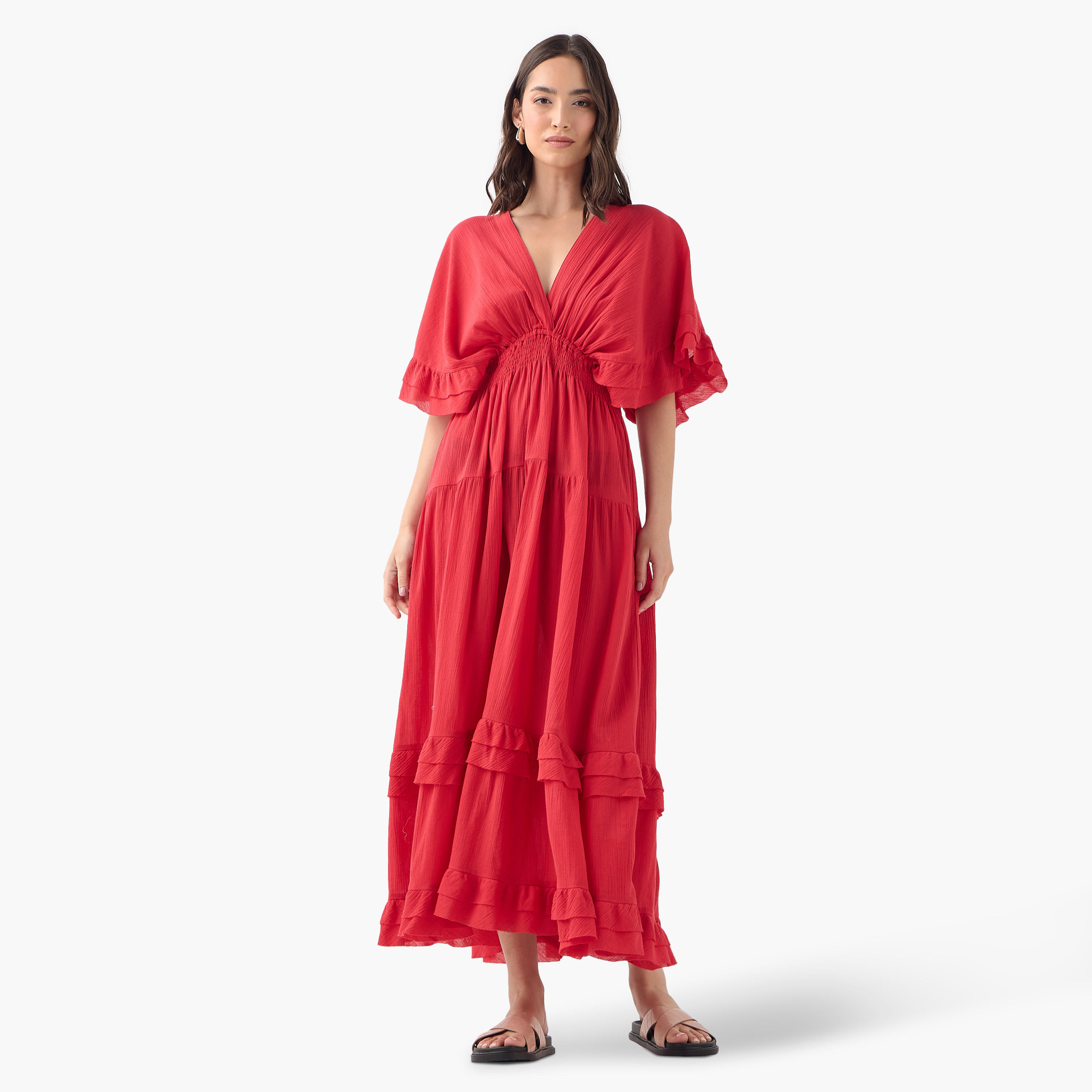 Ruffle and Smocked Detail V-neck Maxi Cotton Dress with Short Sleeves-women-clothing-dresses-image-2
