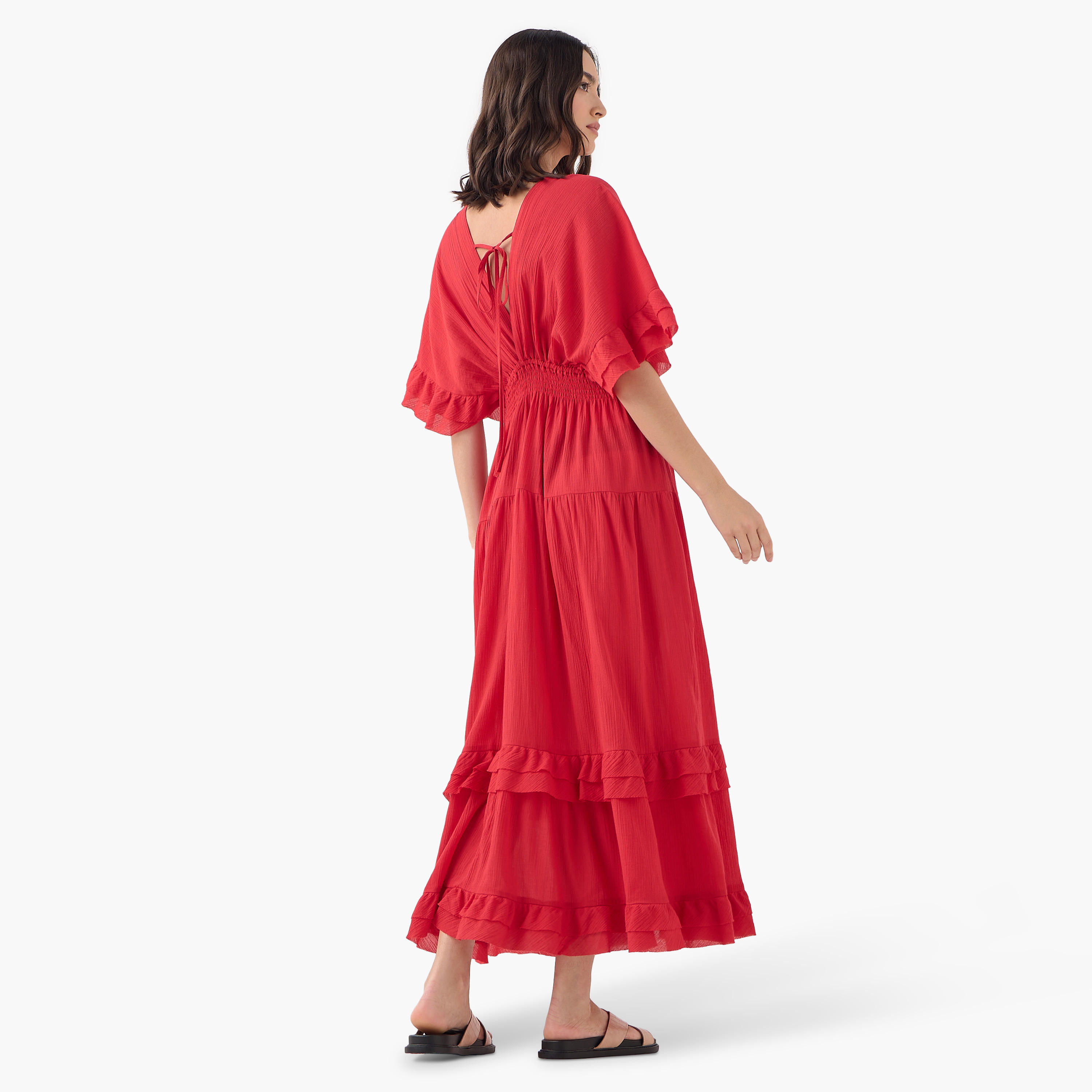 Ruffle and Smocked Detail V-neck Maxi Cotton Dress with Short Sleeves-women-clothing-dresses-image-3