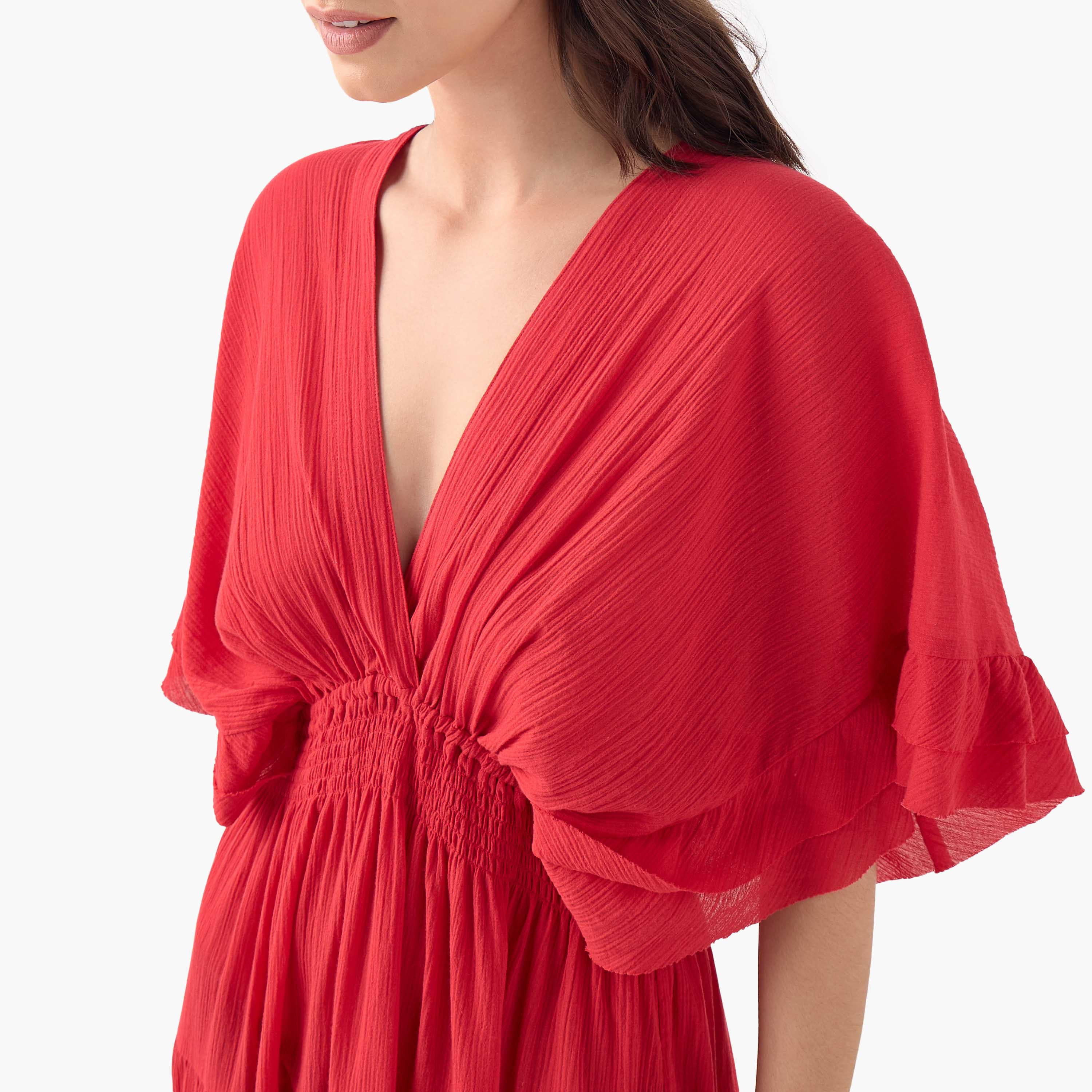 Ruffle and Smocked Detail V-neck Maxi Cotton Dress with Short Sleeves-women-clothing-dresses-image-4
