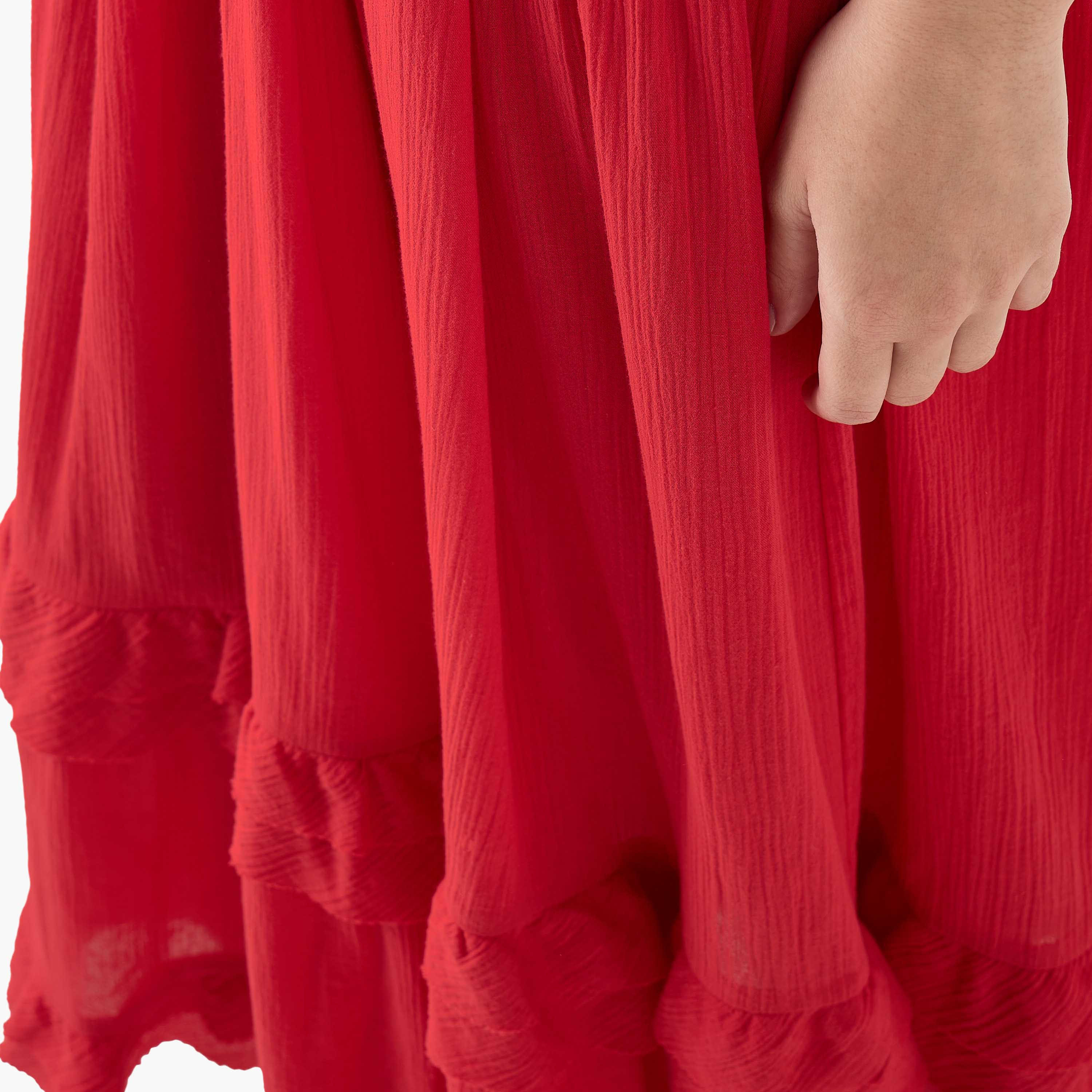 Ruffle and Smocked Detail V-neck Maxi Cotton Dress with Short Sleeves-women-clothing-dresses-image-5