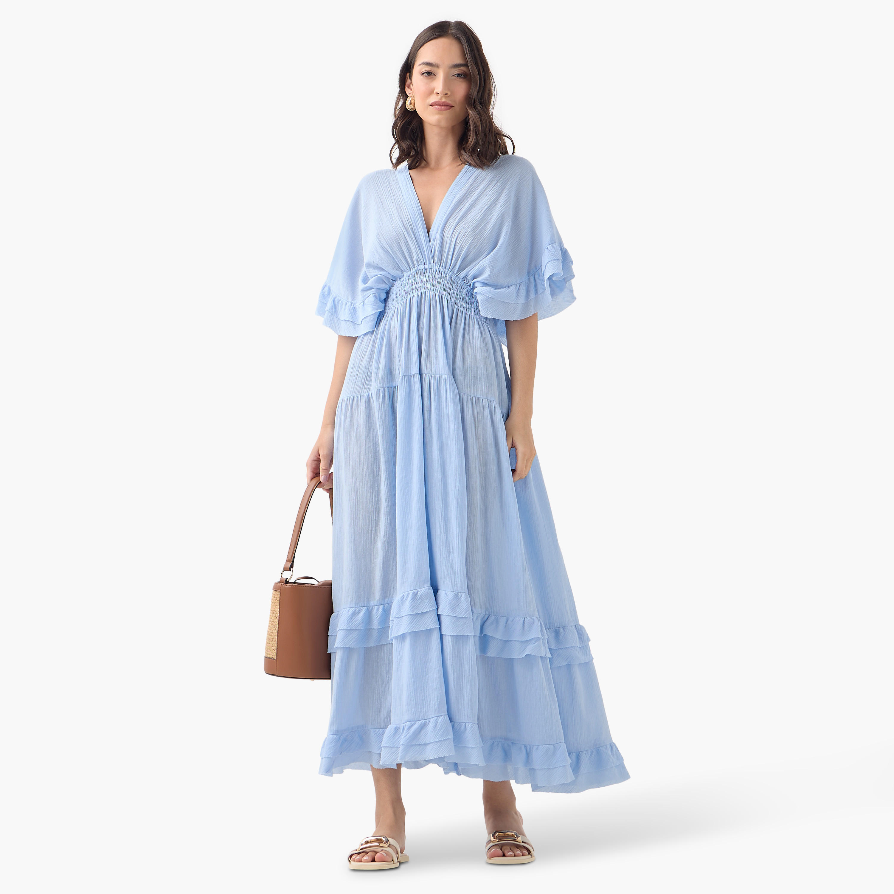 Ruffle and Smocked Detail V-neck Maxi Cotton Dress with Short Sleeves-women-clothing-dresses-image-1