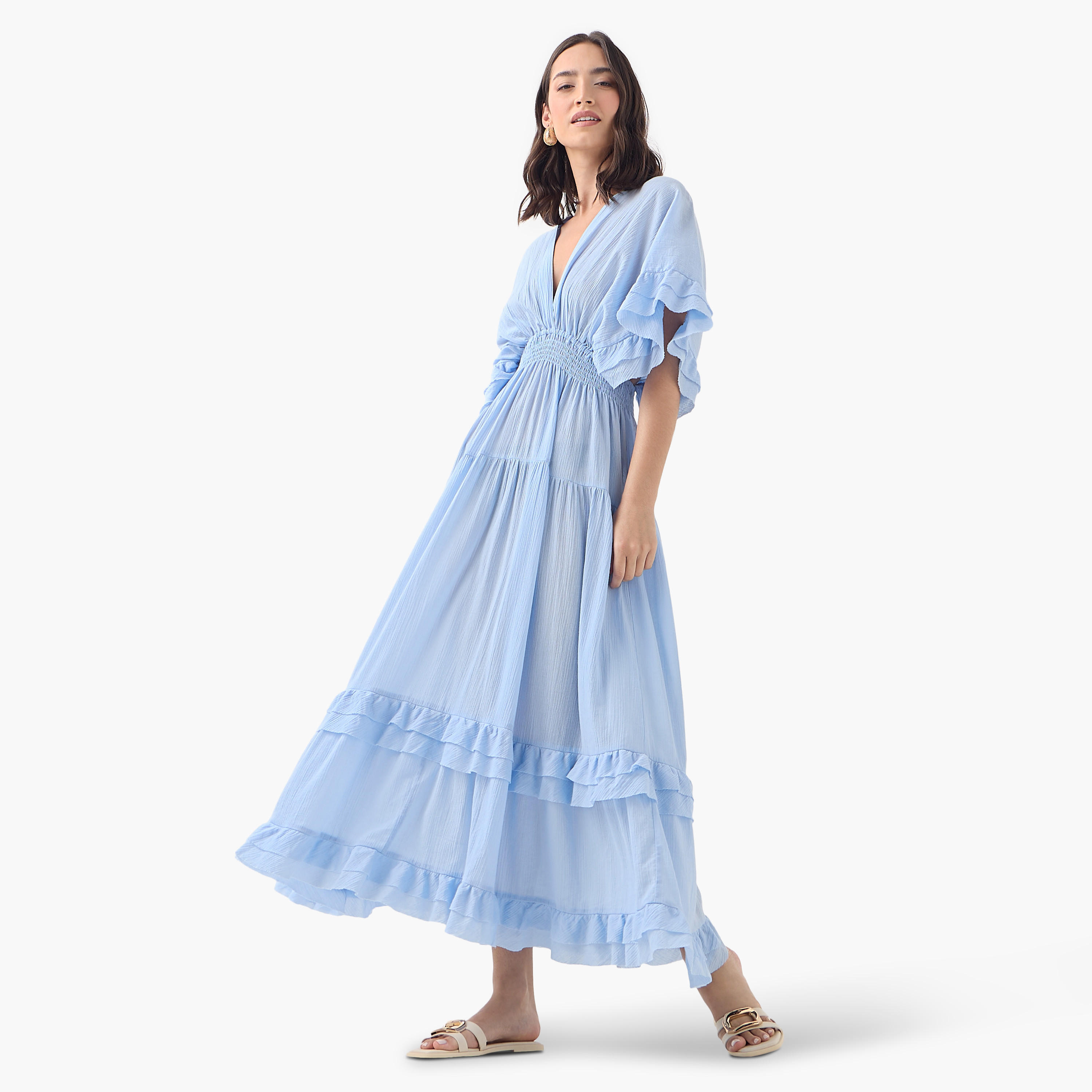 Ruffle and Smocked Detail V-neck Maxi Cotton Dress with Short Sleeves-women-clothing-dresses-image-2