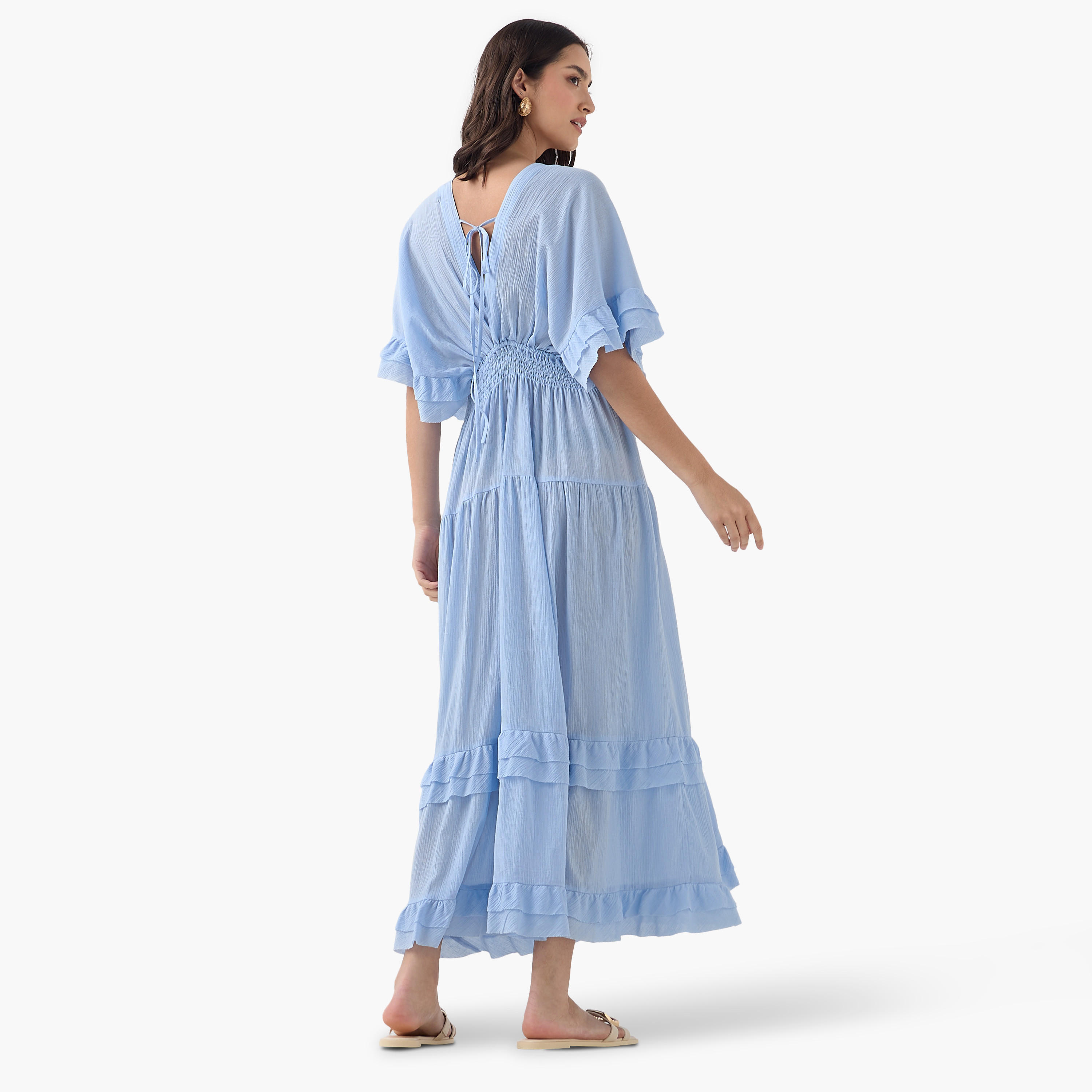 Ruffle and Smocked Detail V-neck Maxi Cotton Dress with Short Sleeves-women-clothing-dresses-image-3