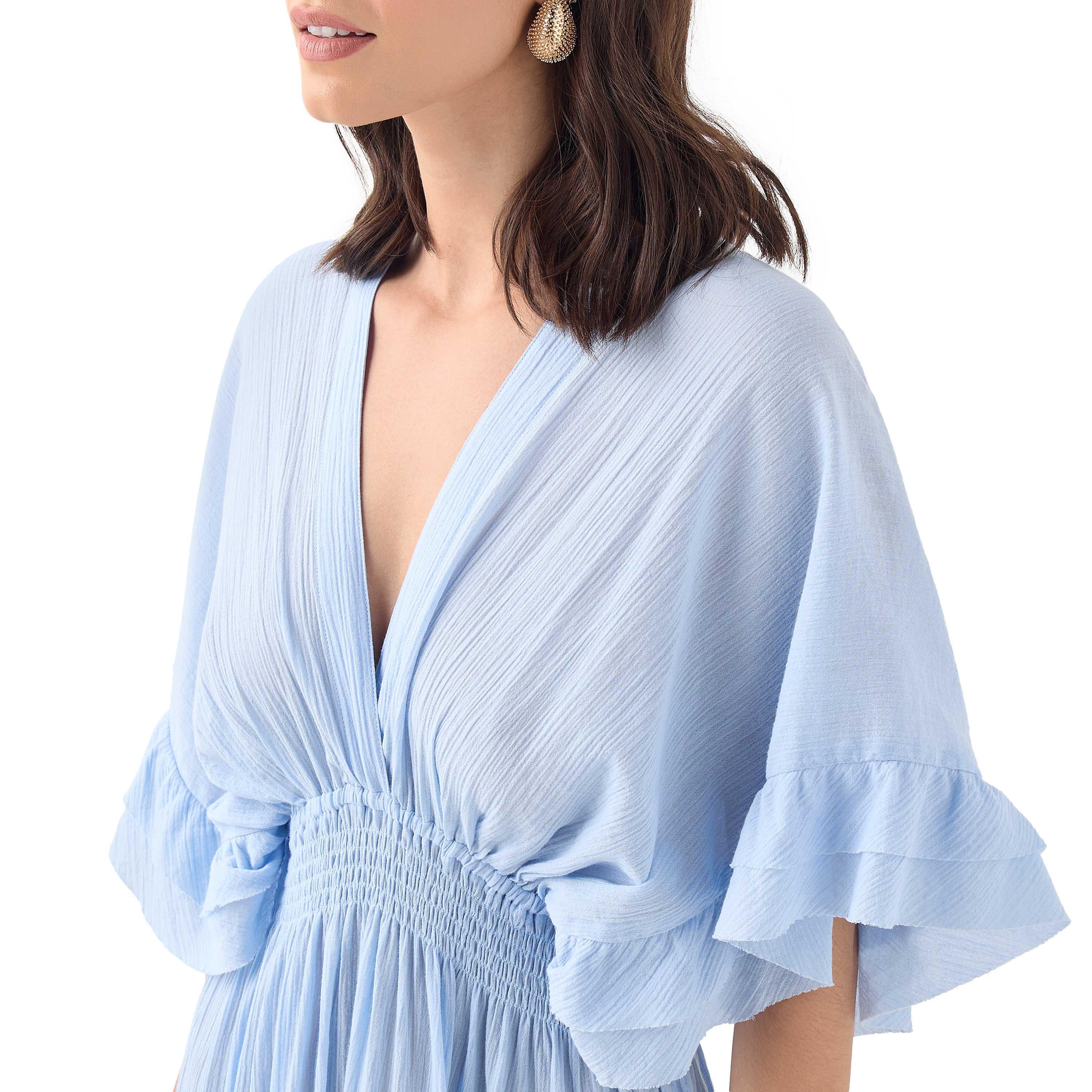 Ruffle and Smocked Detail V-neck Maxi Cotton Dress with Short Sleeves-women-clothing-dresses-image-4