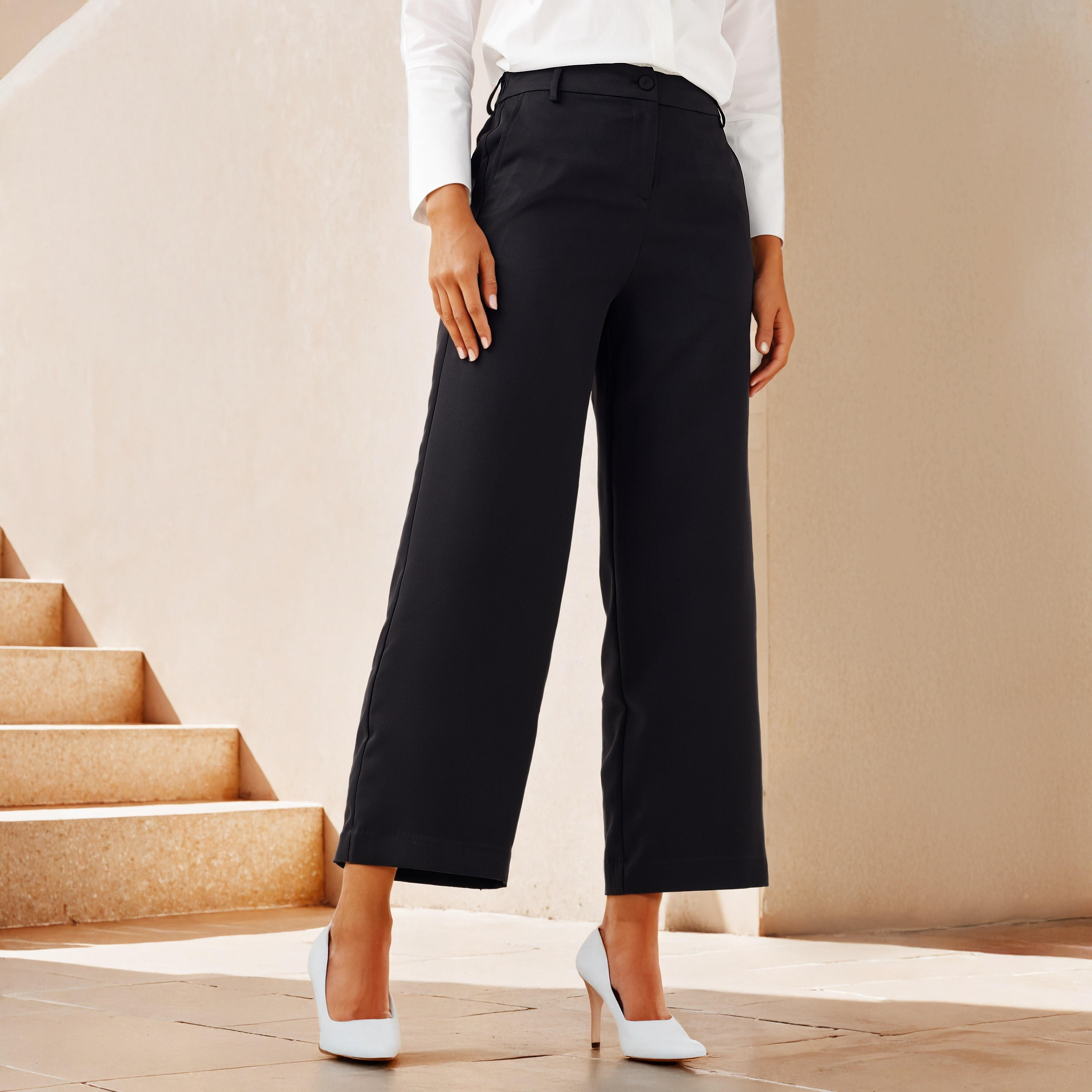 Semi-Elasticated Waist Trousers with Pockets and Belt Loops-women-clothing-bottoms-trousers-image-1
