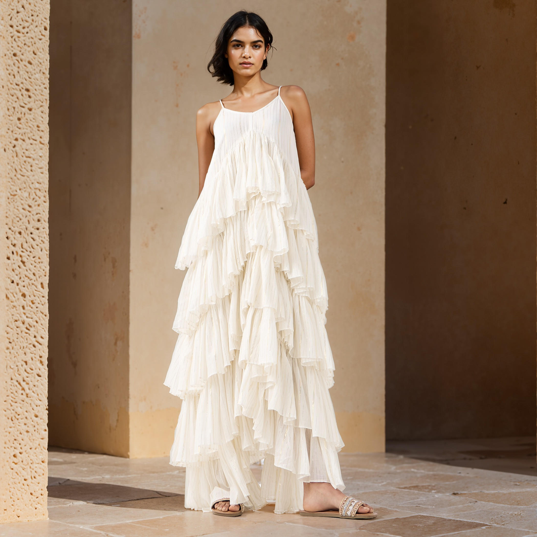 فستان رارا قطن متعدد الطبقات دون أكمام بتفاصيل لوريكس-women-clothing-dresses-image-1