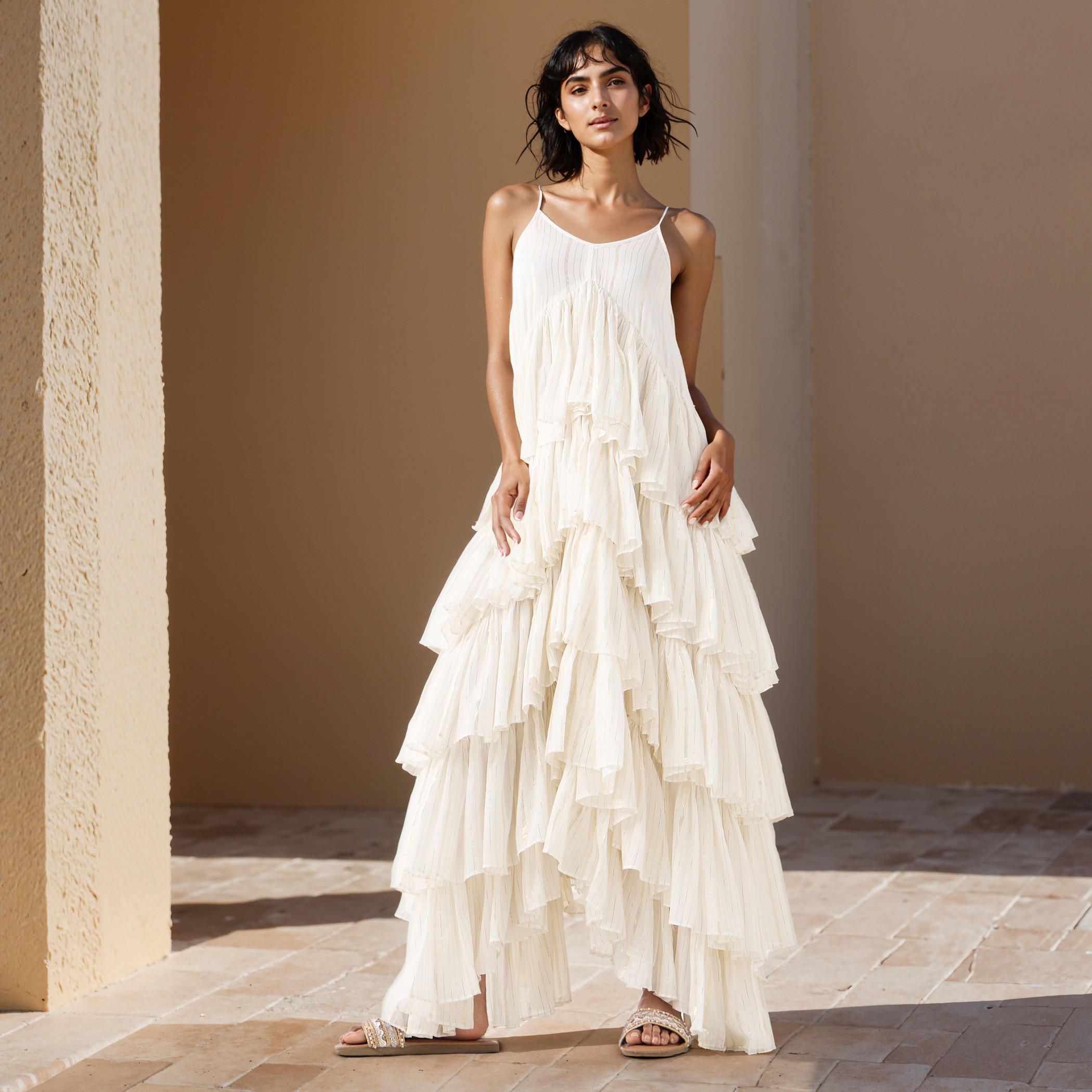 Lurex Detail Sleeveless Tiered Rara Cotton Dress-women-clothing-dresses-image-2