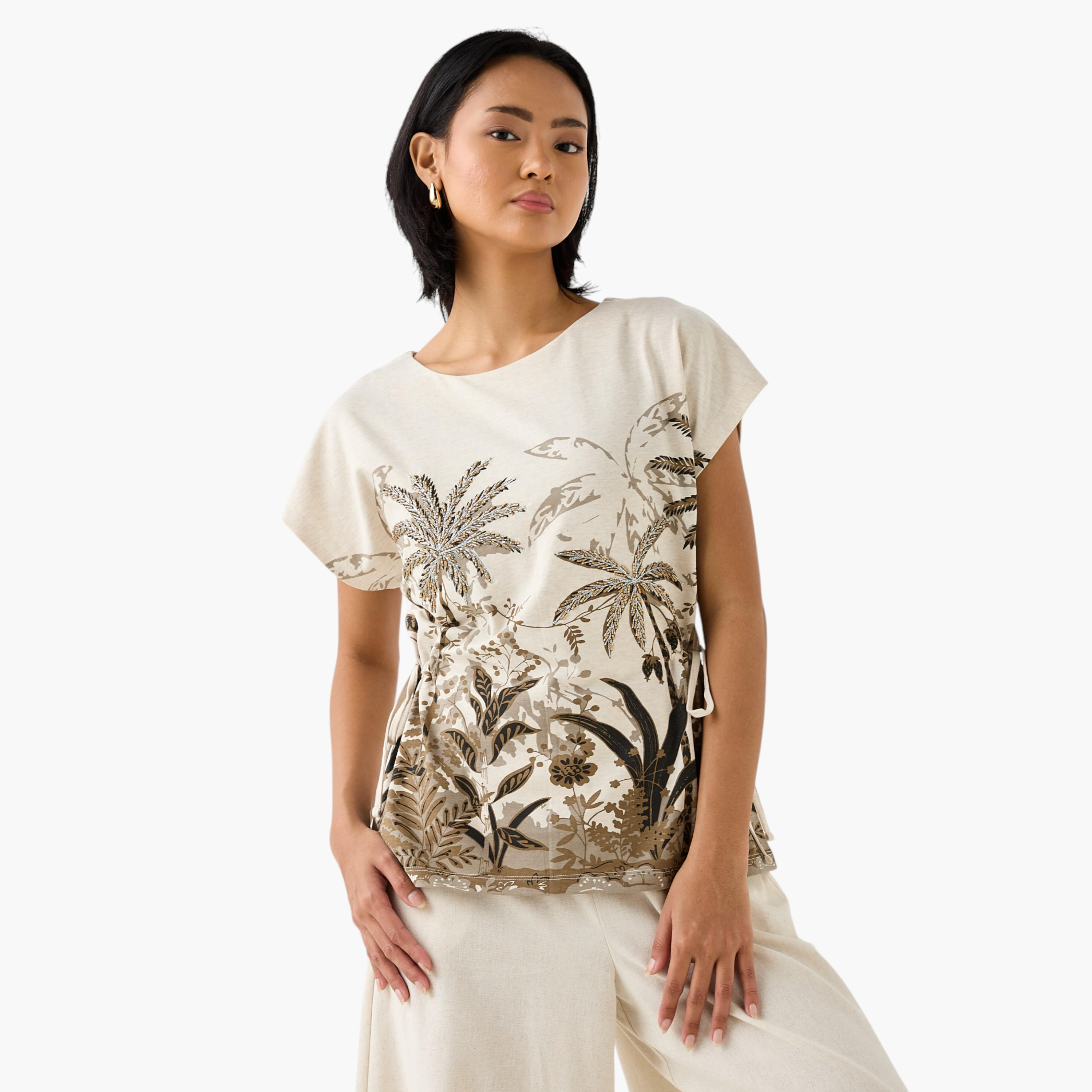 Embellished Palm Print T-shirt with Round Neck-women-clothing-tshirts-image-2