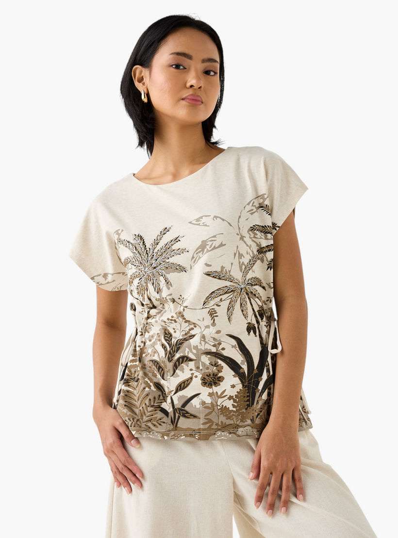 Embellished Palm Print T-shirt with Round Neck-women-clothing-tshirts-image-2