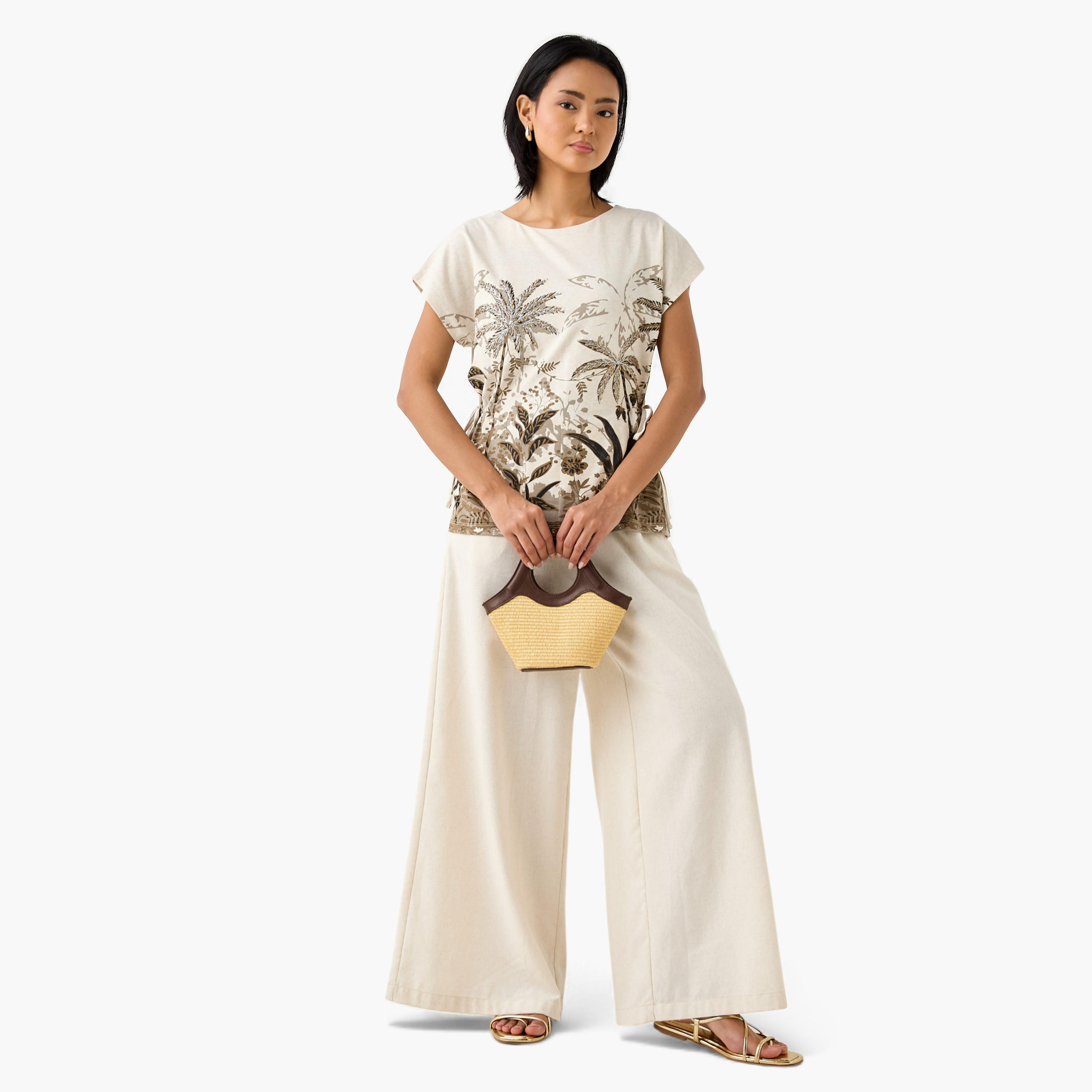Embellished Palm Print T-shirt with Round Neck-women-clothing-tshirts-image-3