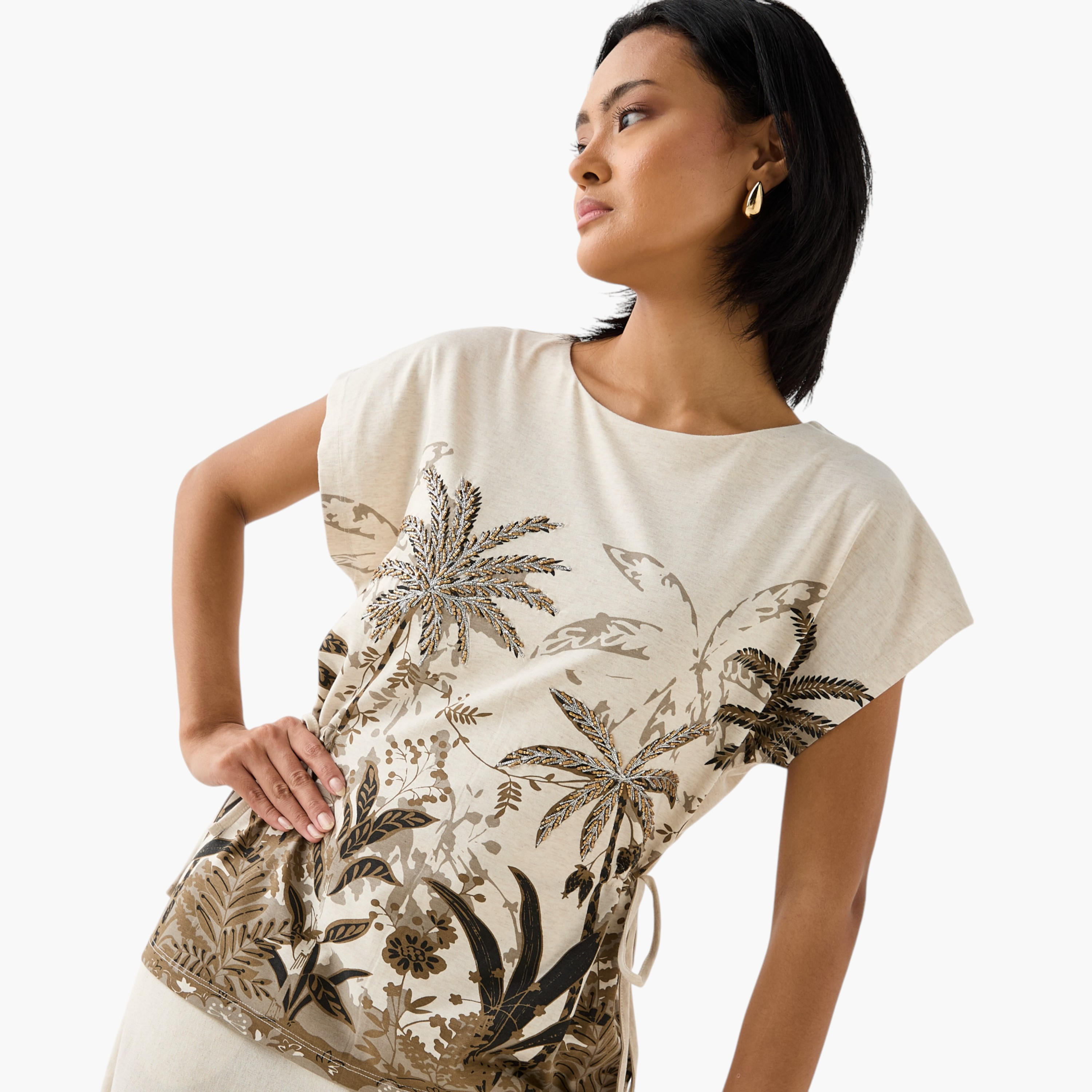 Embellished Palm Print T-shirt with Round Neck-women-clothing-tshirts-image-5