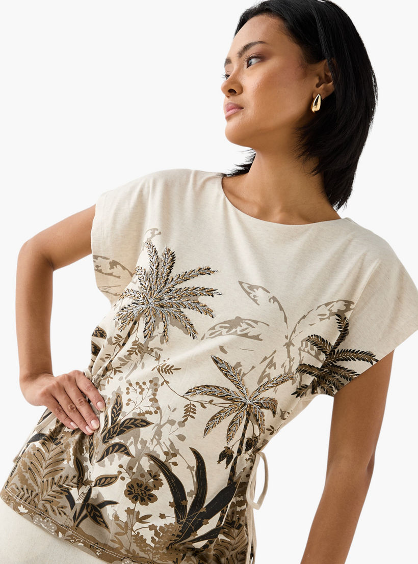 Embellished Palm Print T-shirt with Round Neck-women-clothing-tshirts-image-5