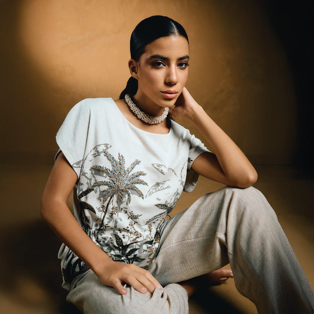 Embellished Palm Print T-shirt with Round Neck-women-clothing-tshirts-image-1