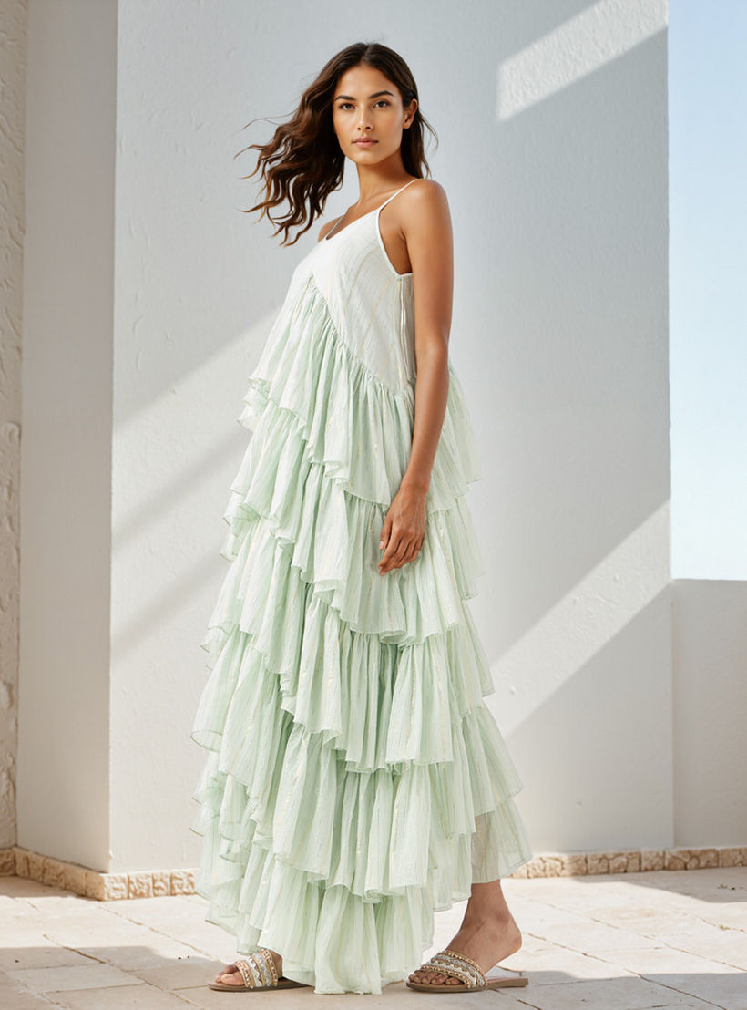 Lurex Detail Sleeveless Tiered Rara Cotton Dress-women-clothing-dresses-image-2