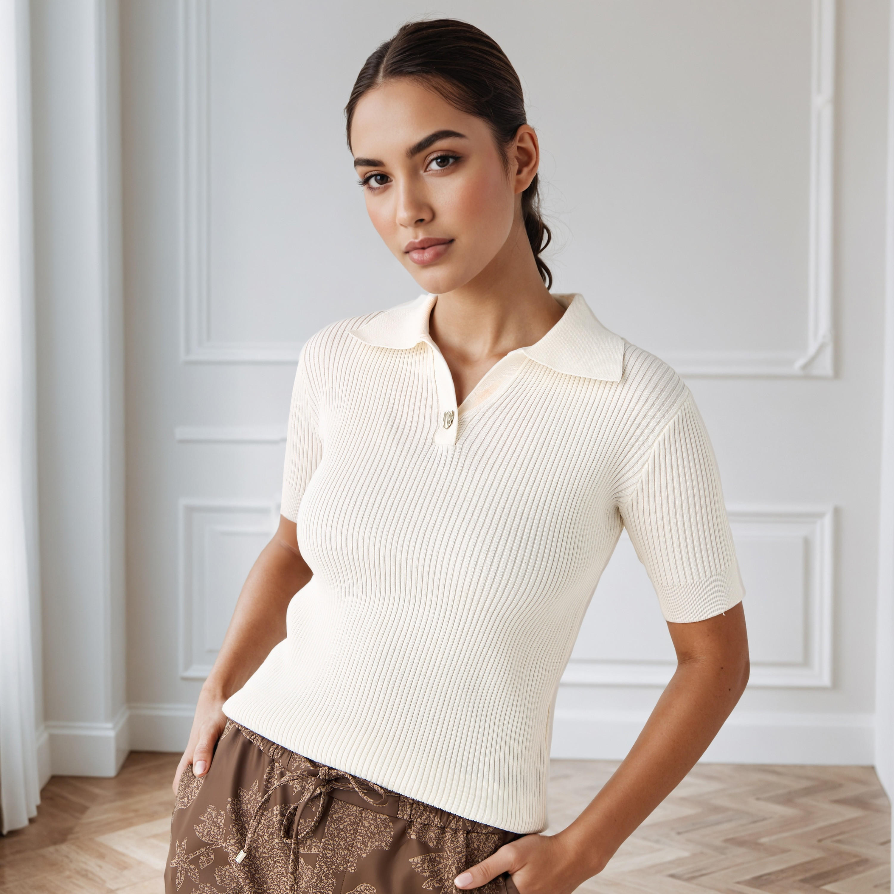 Ribbed Collared Polo T-shirt-women-clothing-tshirts-image-1
