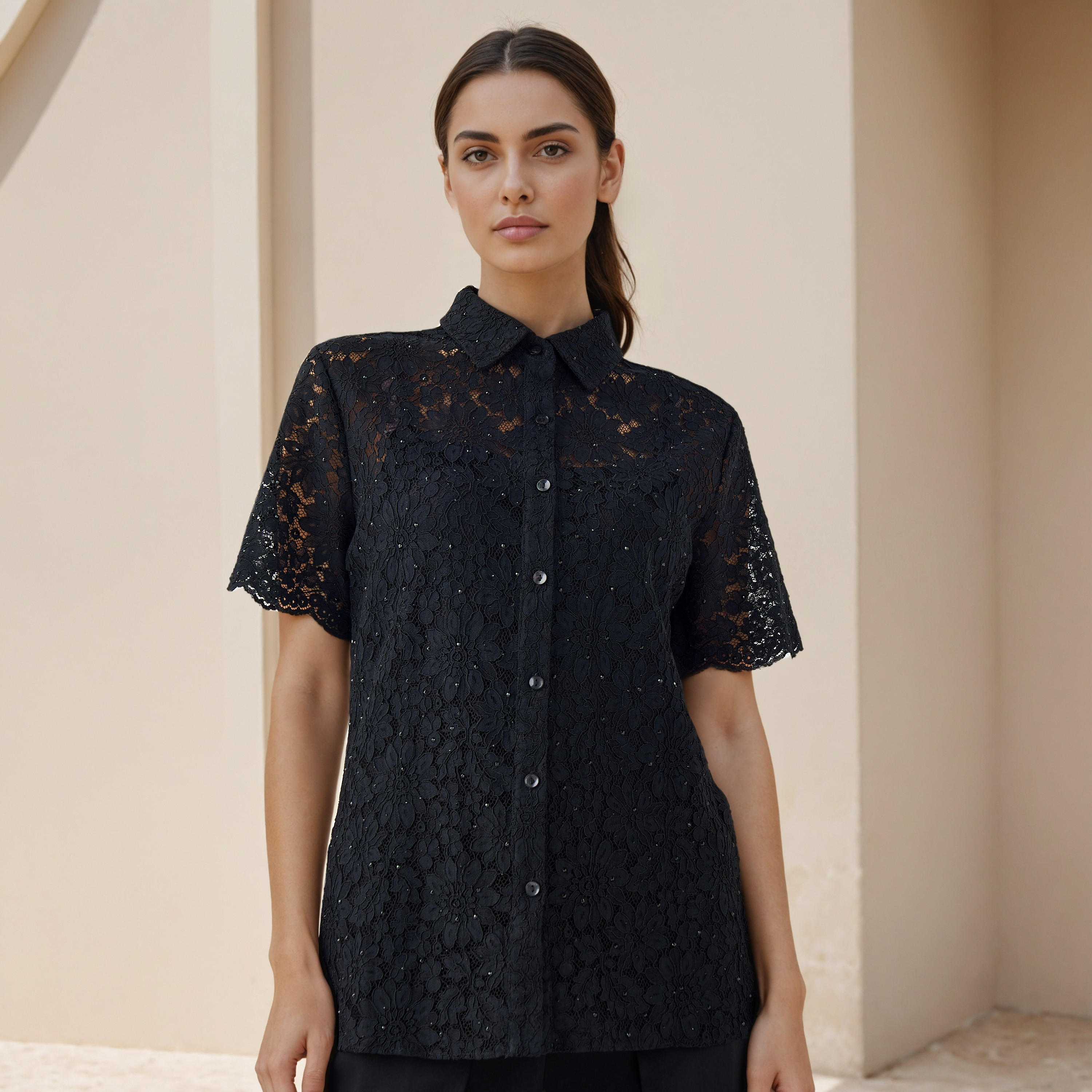 Regular Fit Lace Shirt with Collar-women-clothing-shirtsandblouses-shirts-image-1
