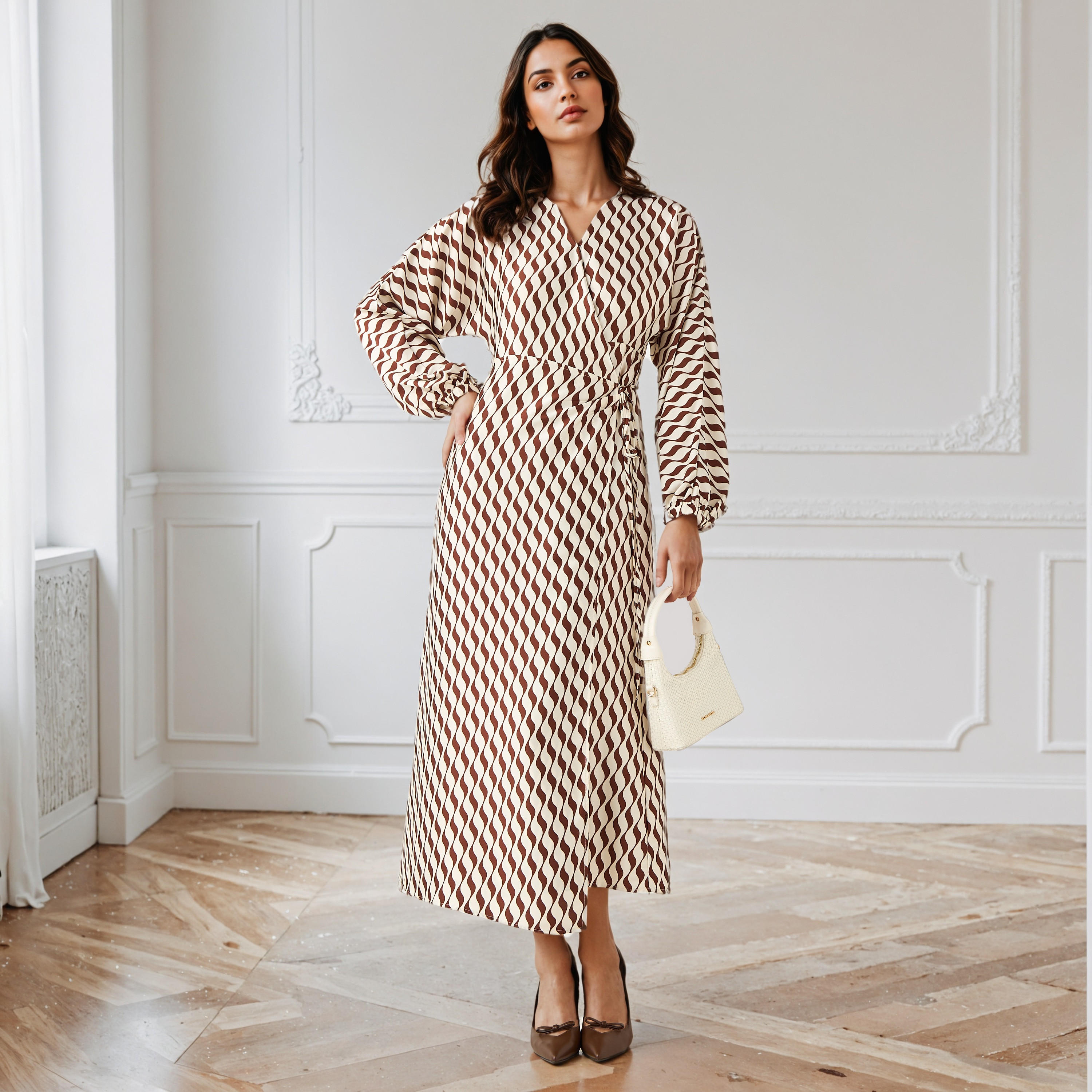 Printed V-neck Wrap Dress with Cinched Waist-women-clothing-dresses-image-1