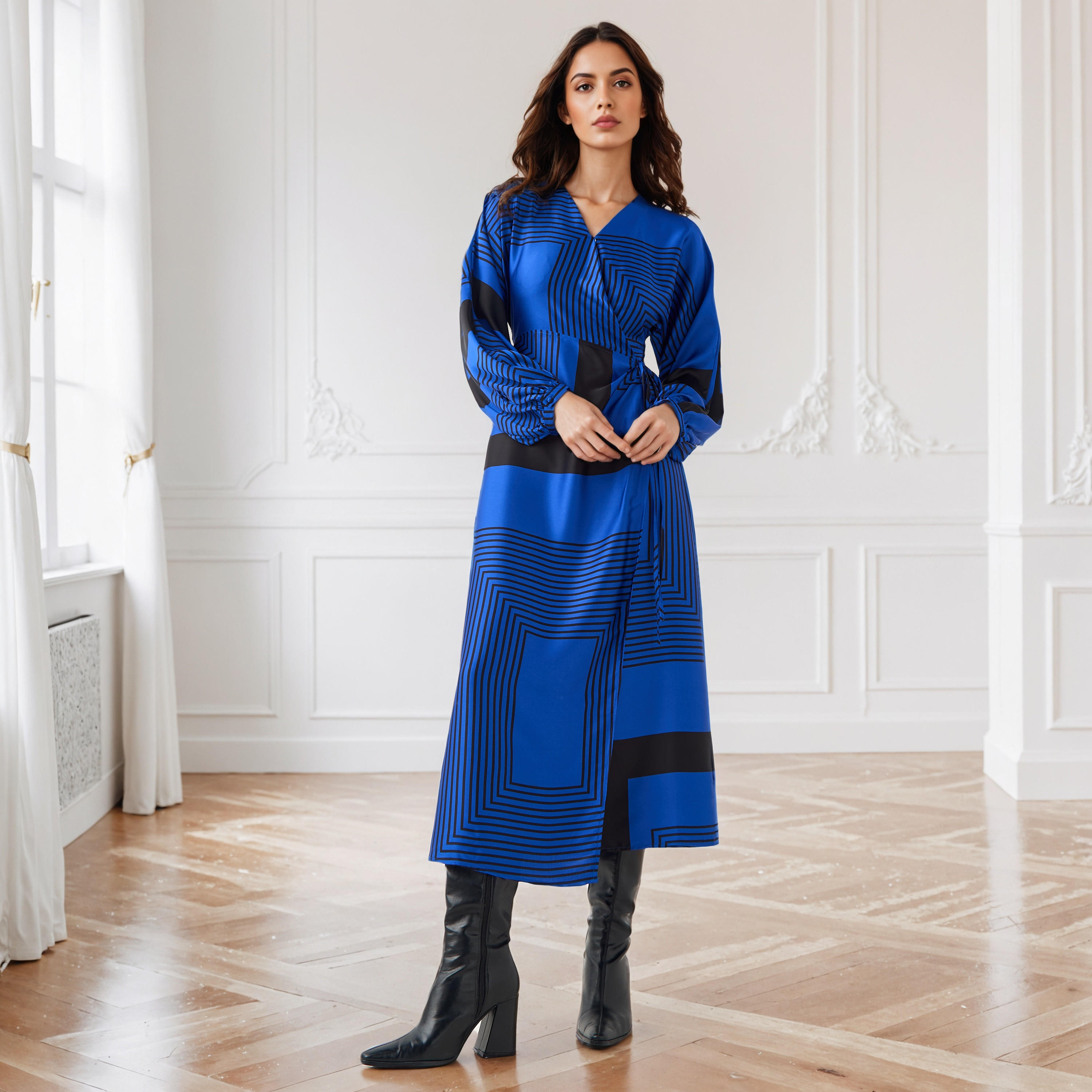Printed V-neck Wrap Dress with Cinched Waist-women-clothing-dresses-image-2