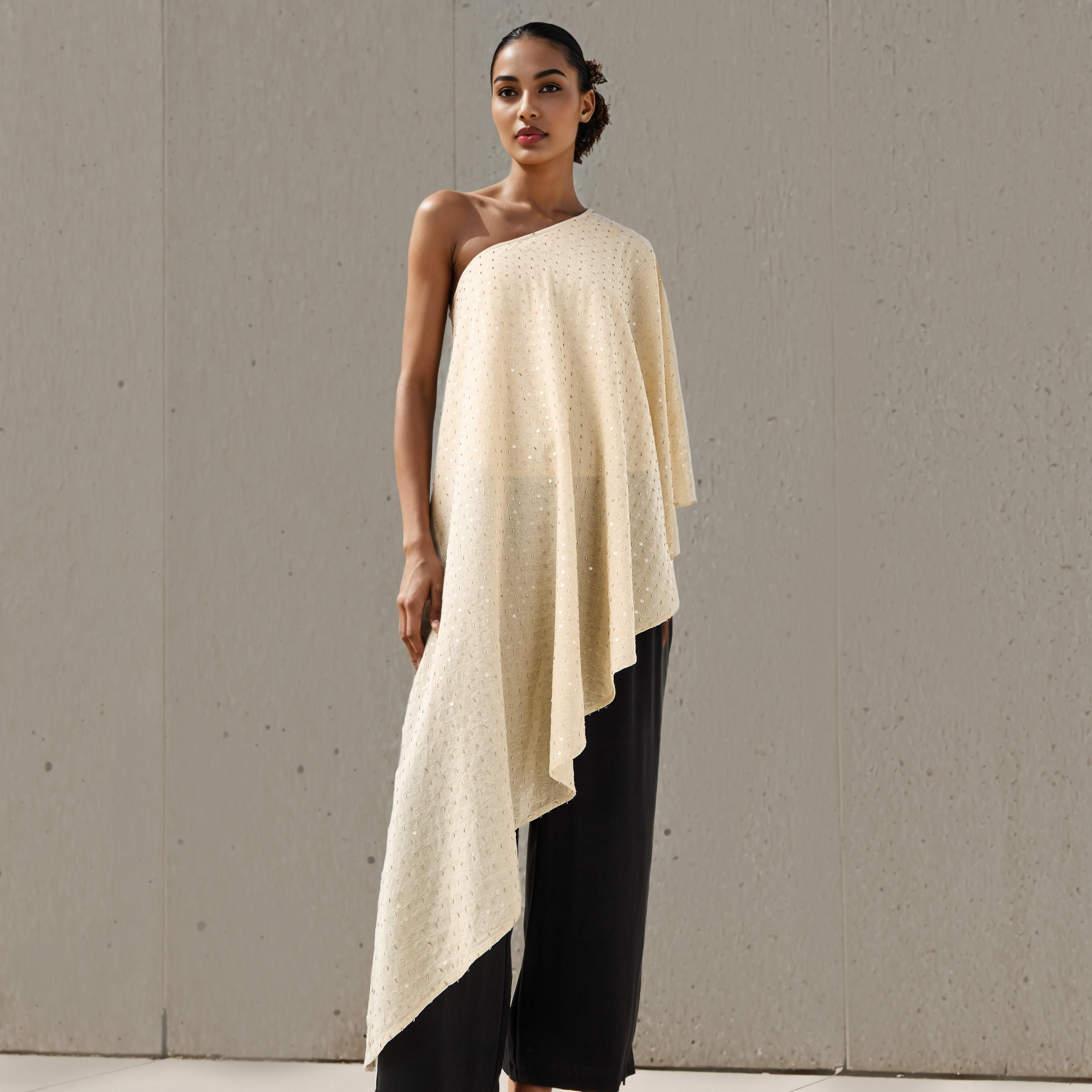 One Shoulder Asymmetric Linen Blend Cape Top-women-clothing-shirtsandblouses-blouses-image-1