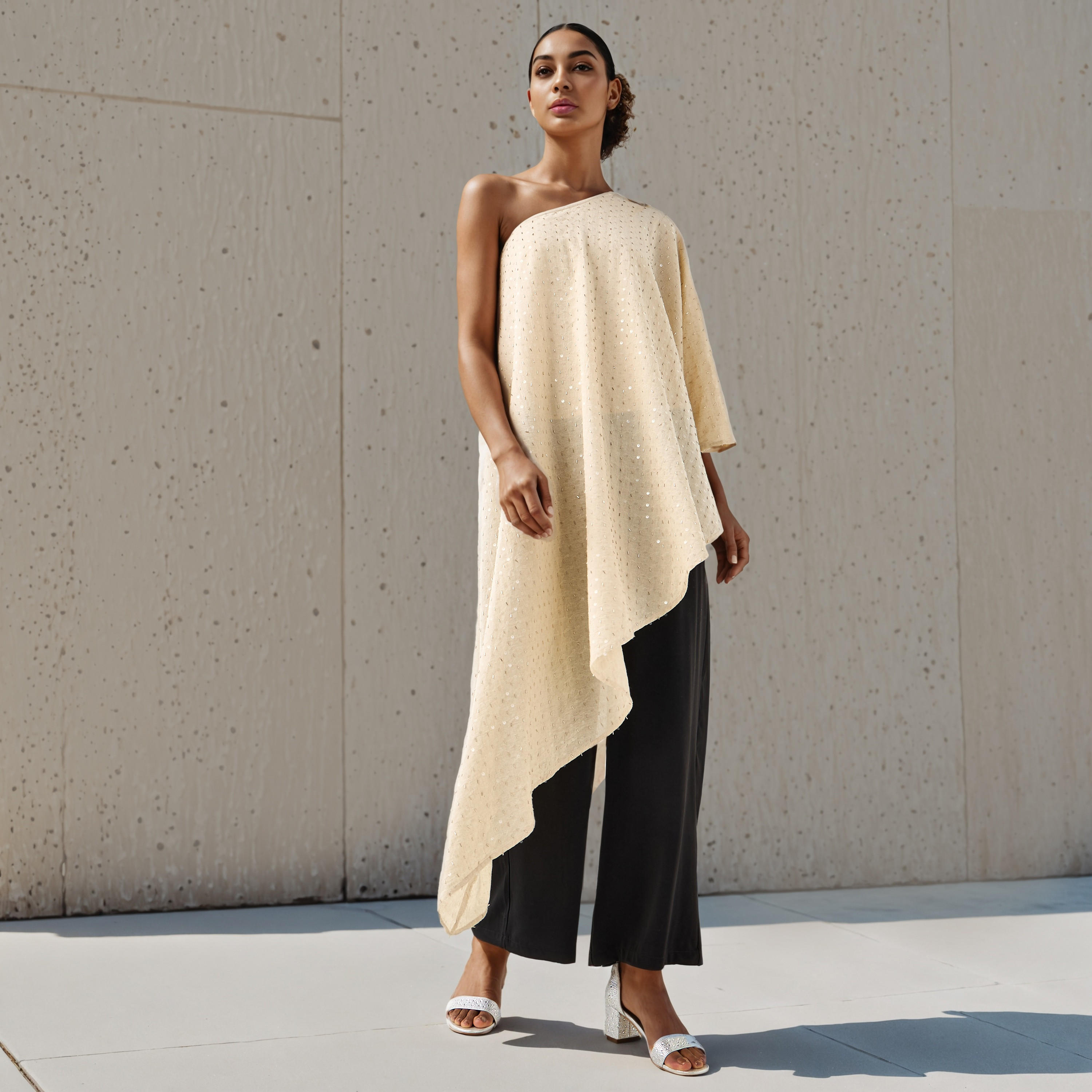 One Shoulder Asymmetric Linen Blend Cape Top-women-clothing-shirtsandblouses-blouses-image-2