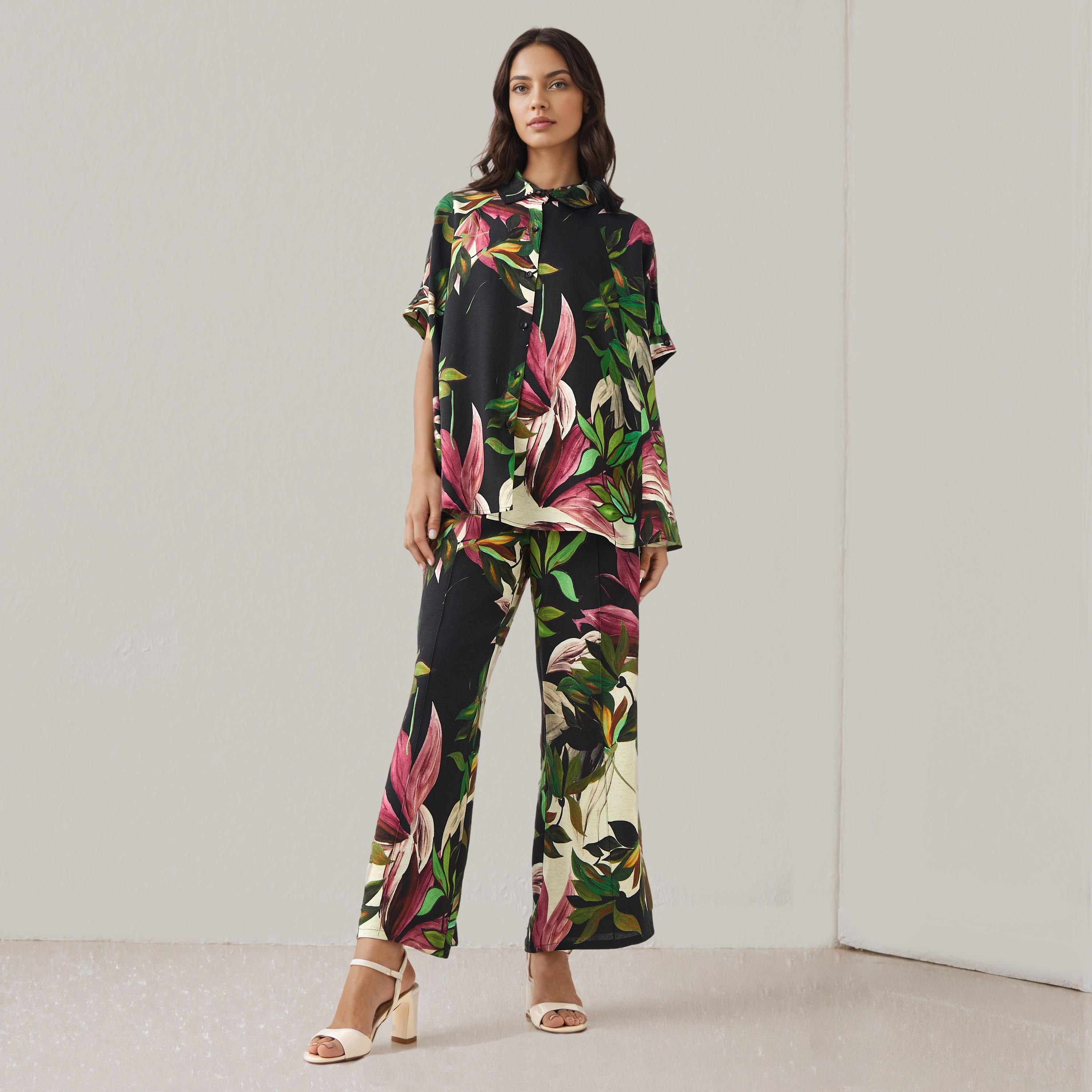 Floral Print Trapeze Linen Blend Shirt with Short Sleeves-women-clothing-shirtsandblouses-shirts-image-2