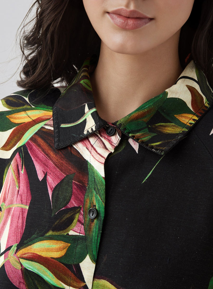 Floral Print Trapeze Linen Blend Shirt with Short Sleeves-women-clothing-shirtsandblouses-shirts-image-4