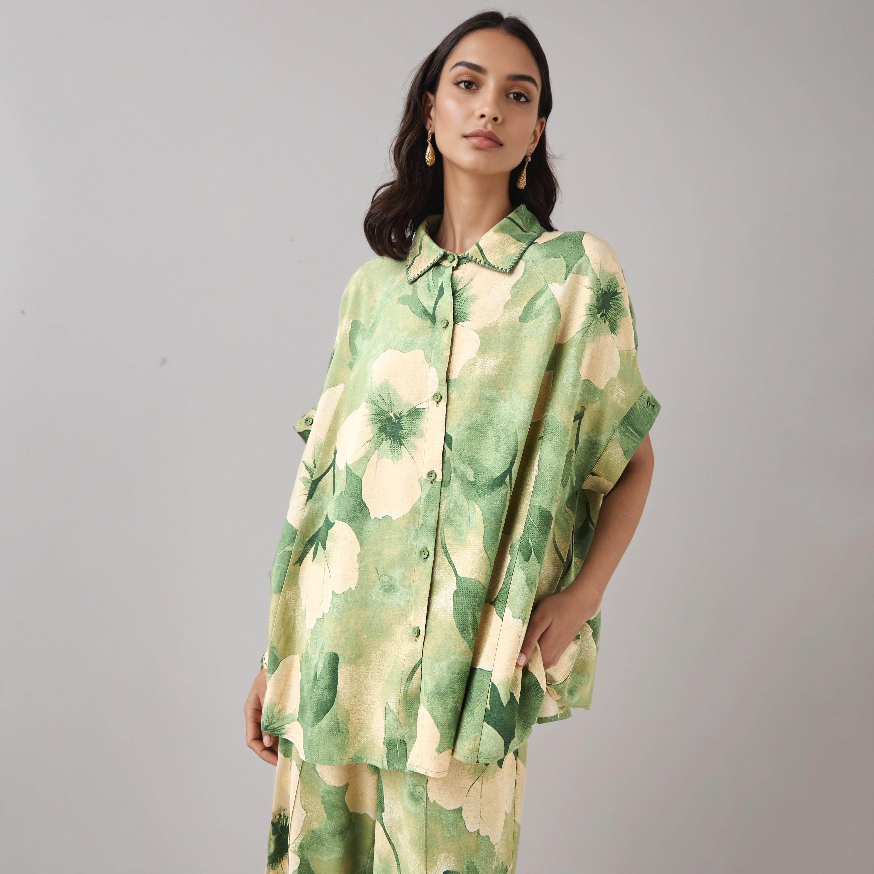 Floral Print Trapeze Linen Blend Shirt with Short Sleeves-women-clothing-shirtsandblouses-shirts-image-1