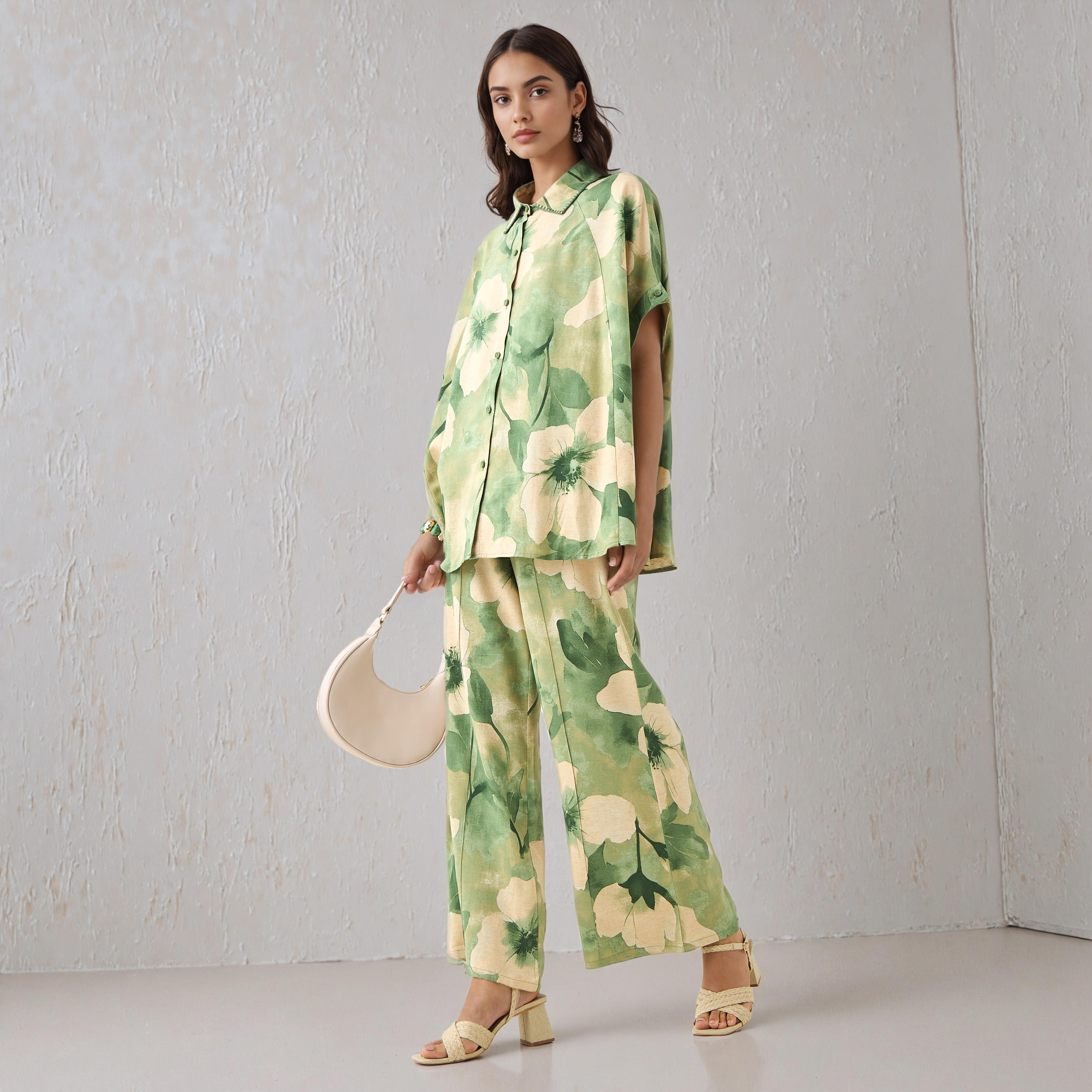 Floral Print Trapeze Linen Blend Shirt with Short Sleeves-women-clothing-shirtsandblouses-shirts-image-2