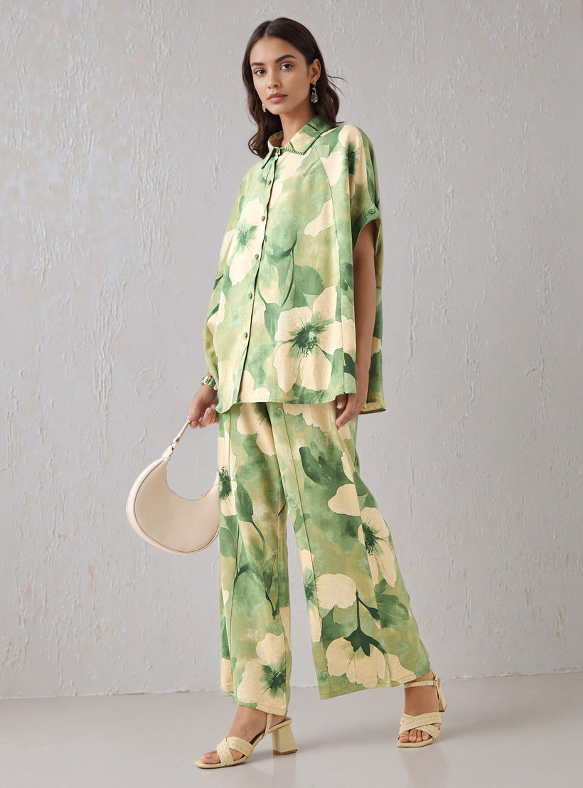 Floral Print Trapeze Linen Blend Shirt with Short Sleeves-women-clothing-shirtsandblouses-shirts-image-2