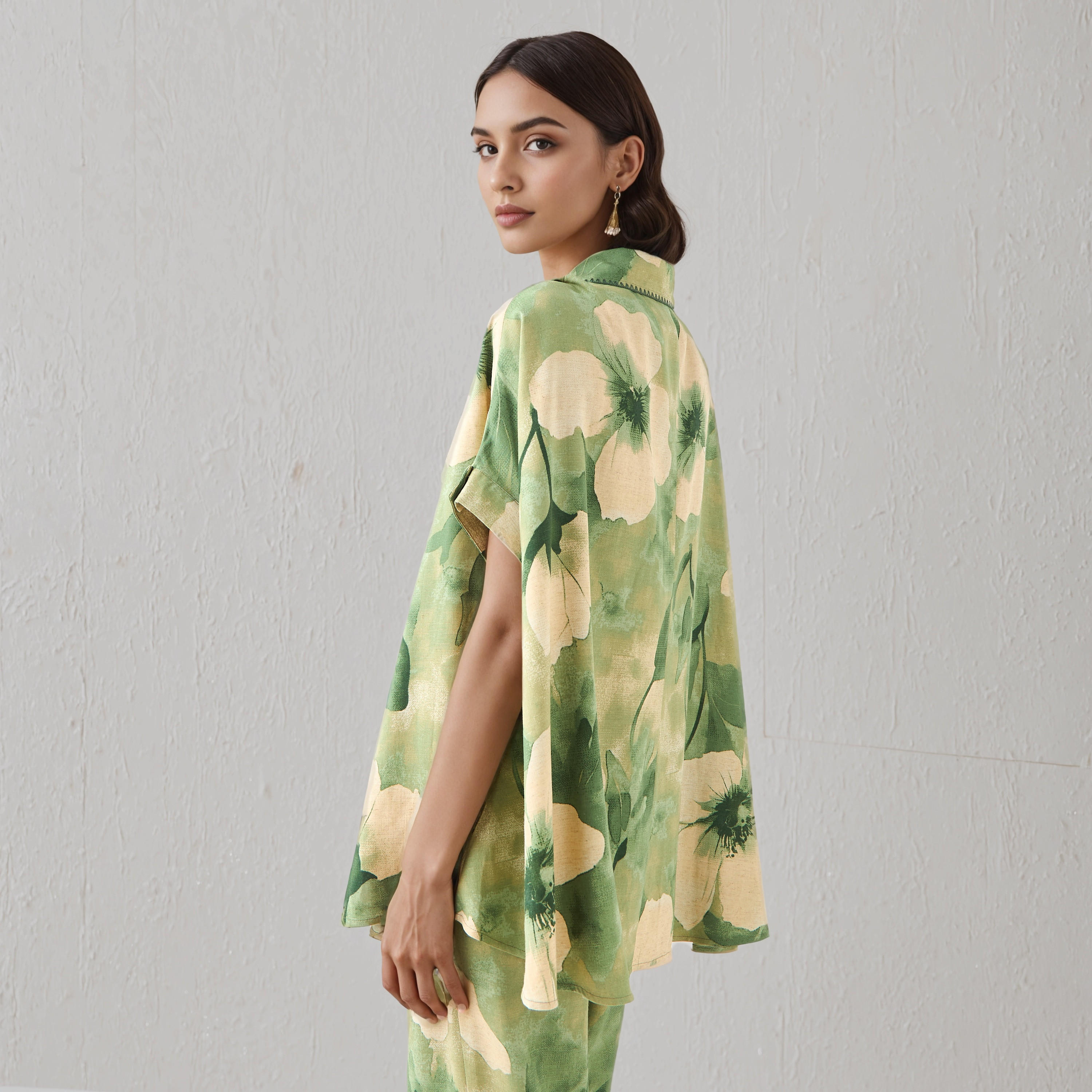 Floral Print Trapeze Linen Blend Shirt with Short Sleeves-women-clothing-shirtsandblouses-shirts-image-3