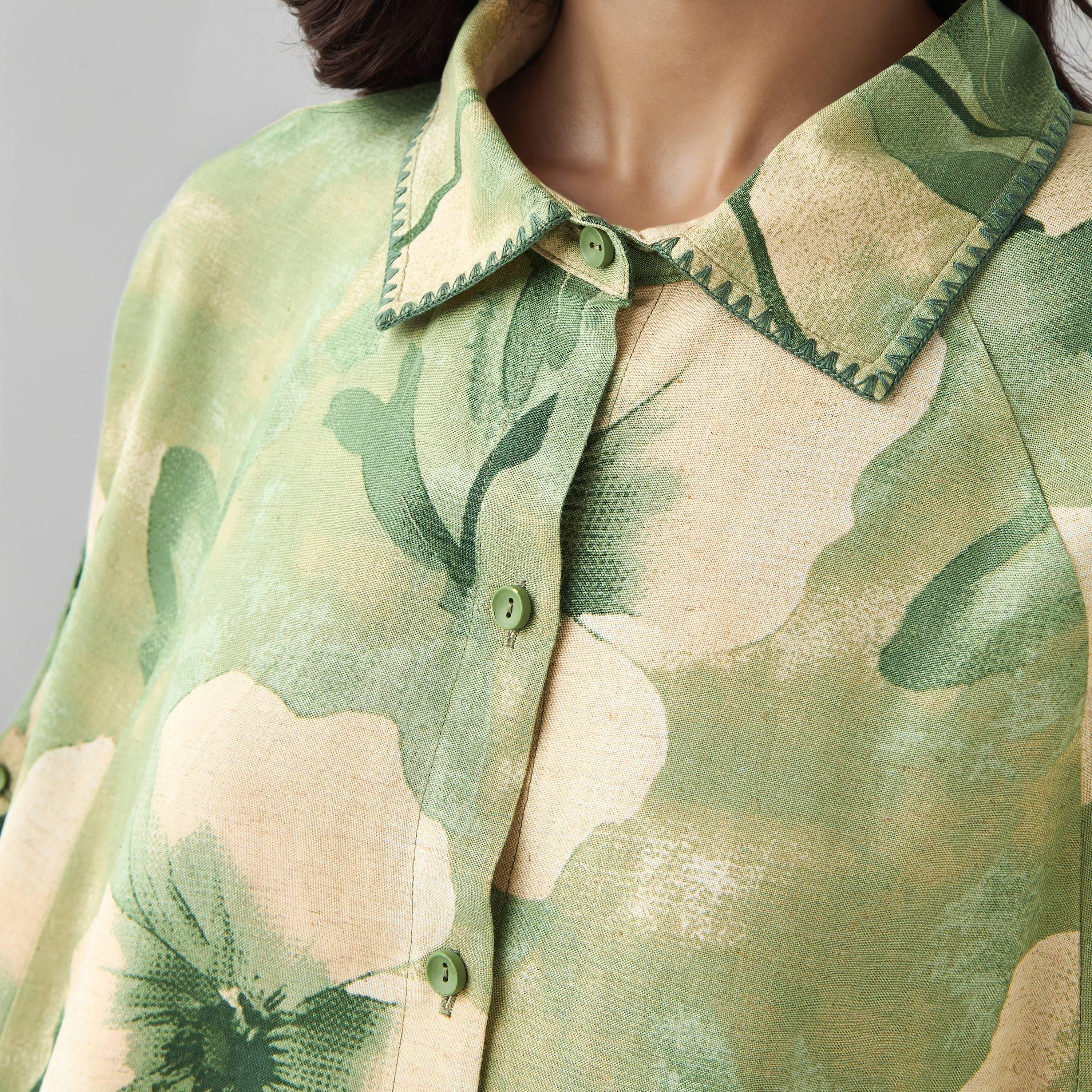 Floral Print Trapeze Linen Blend Shirt with Short Sleeves-women-clothing-shirtsandblouses-shirts-image-4