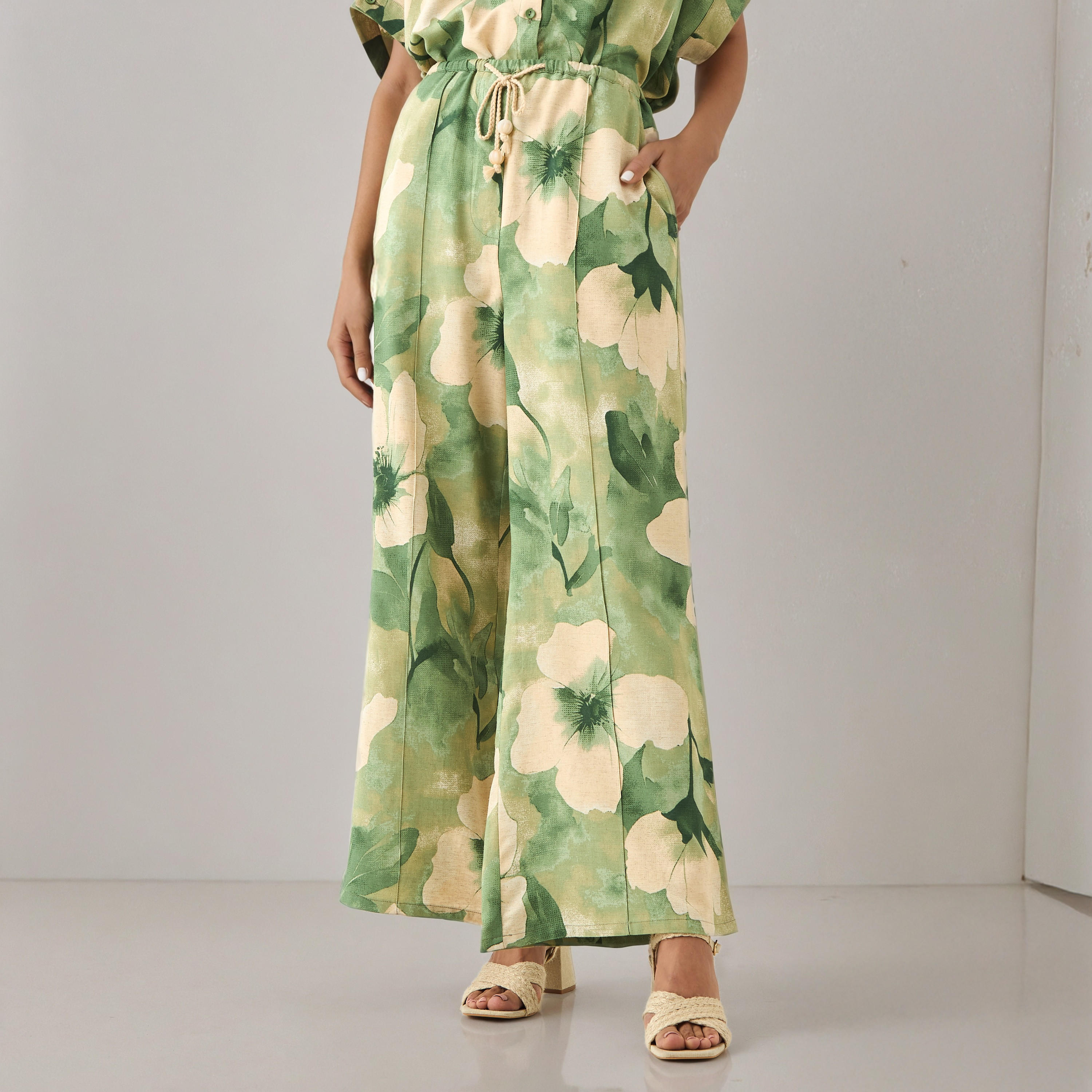 Flared Drawstring Waist Floral Print Linen Blend Pants-women-clothing-bottoms-trousers-image-1