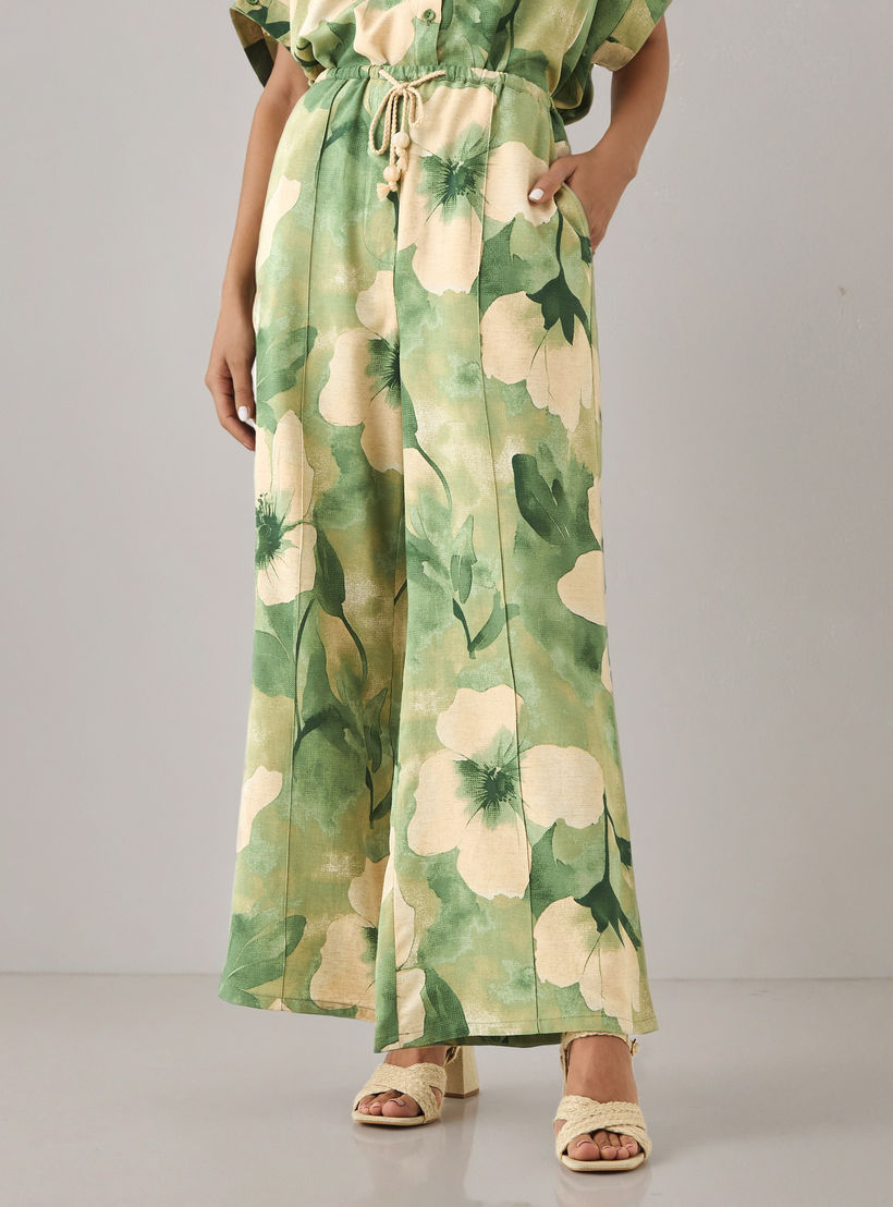 Flared Drawstring Waist Floral Print Linen Blend Pants-women-clothing-bottoms-trousers-image-1
