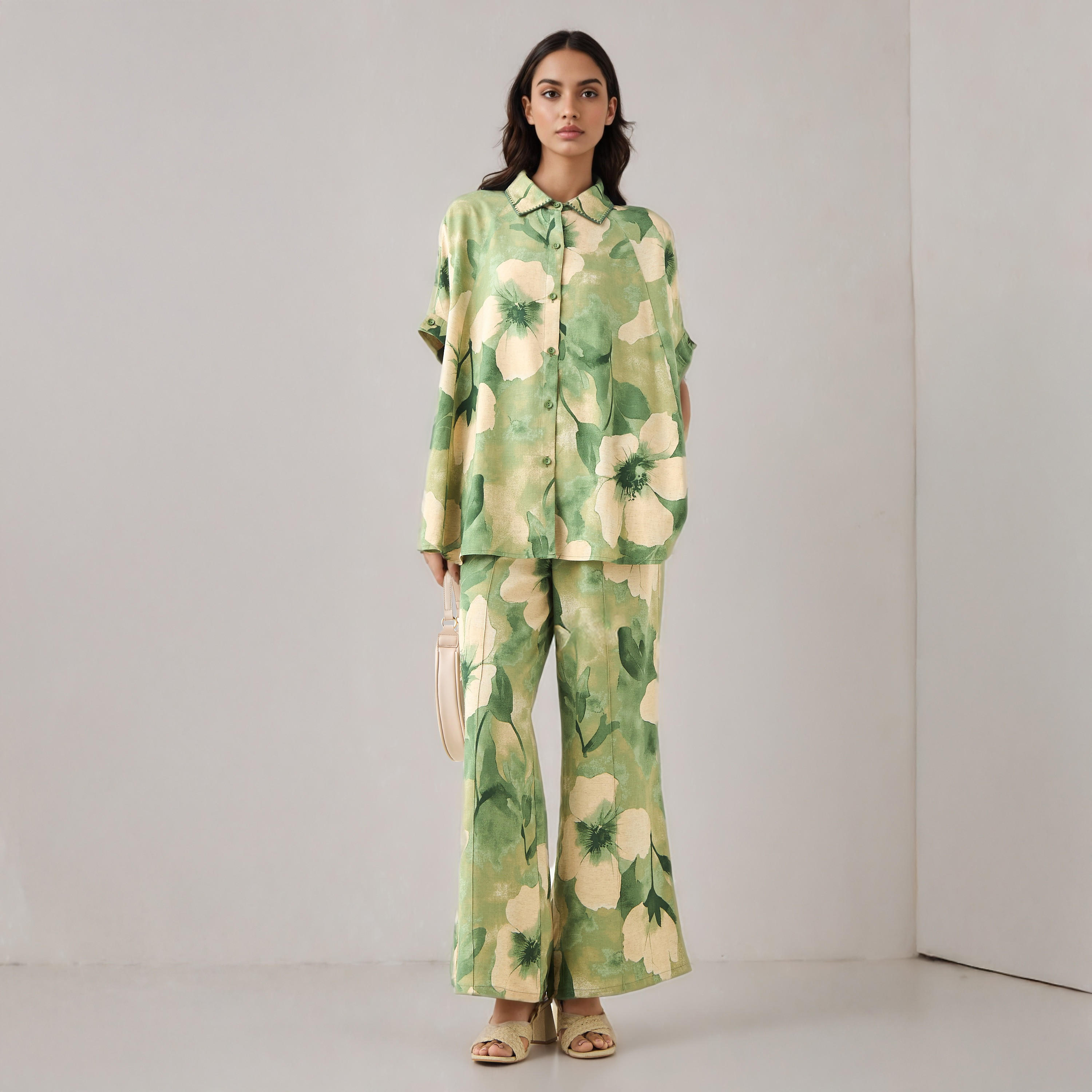 Flared Drawstring Waist Floral Print Linen Blend Pants-women-clothing-bottoms-trousers-image-2