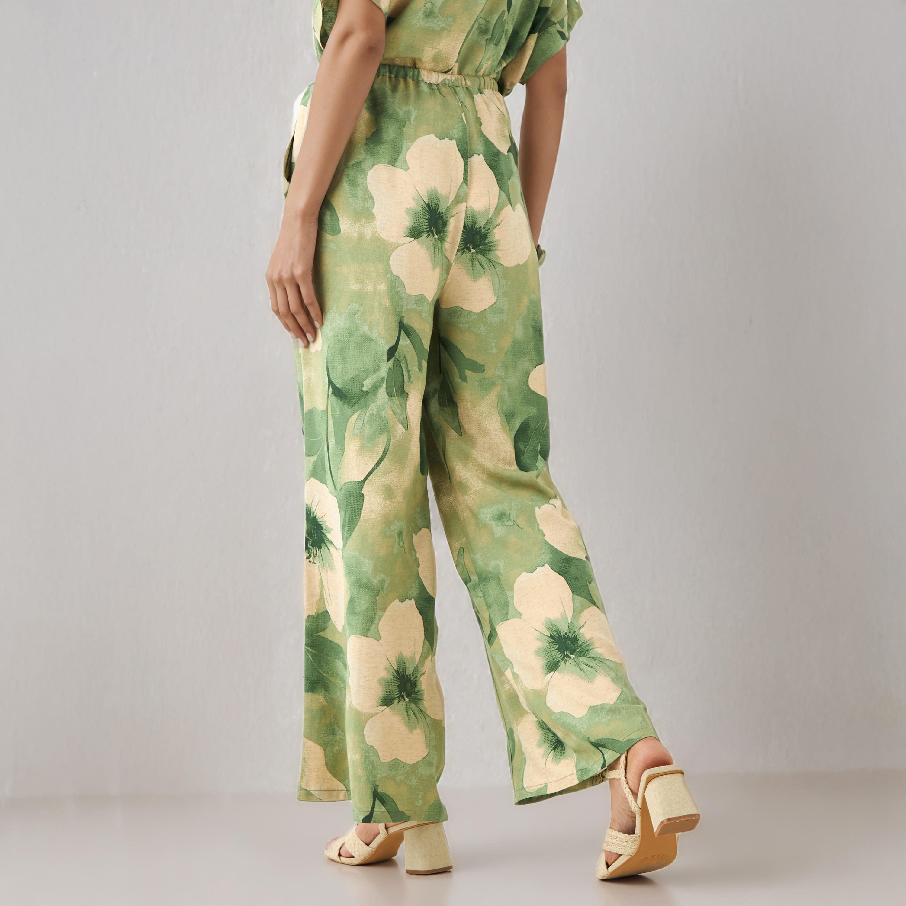 Flared Drawstring Waist Floral Print Linen Blend Pants-women-clothing-bottoms-trousers-image-3