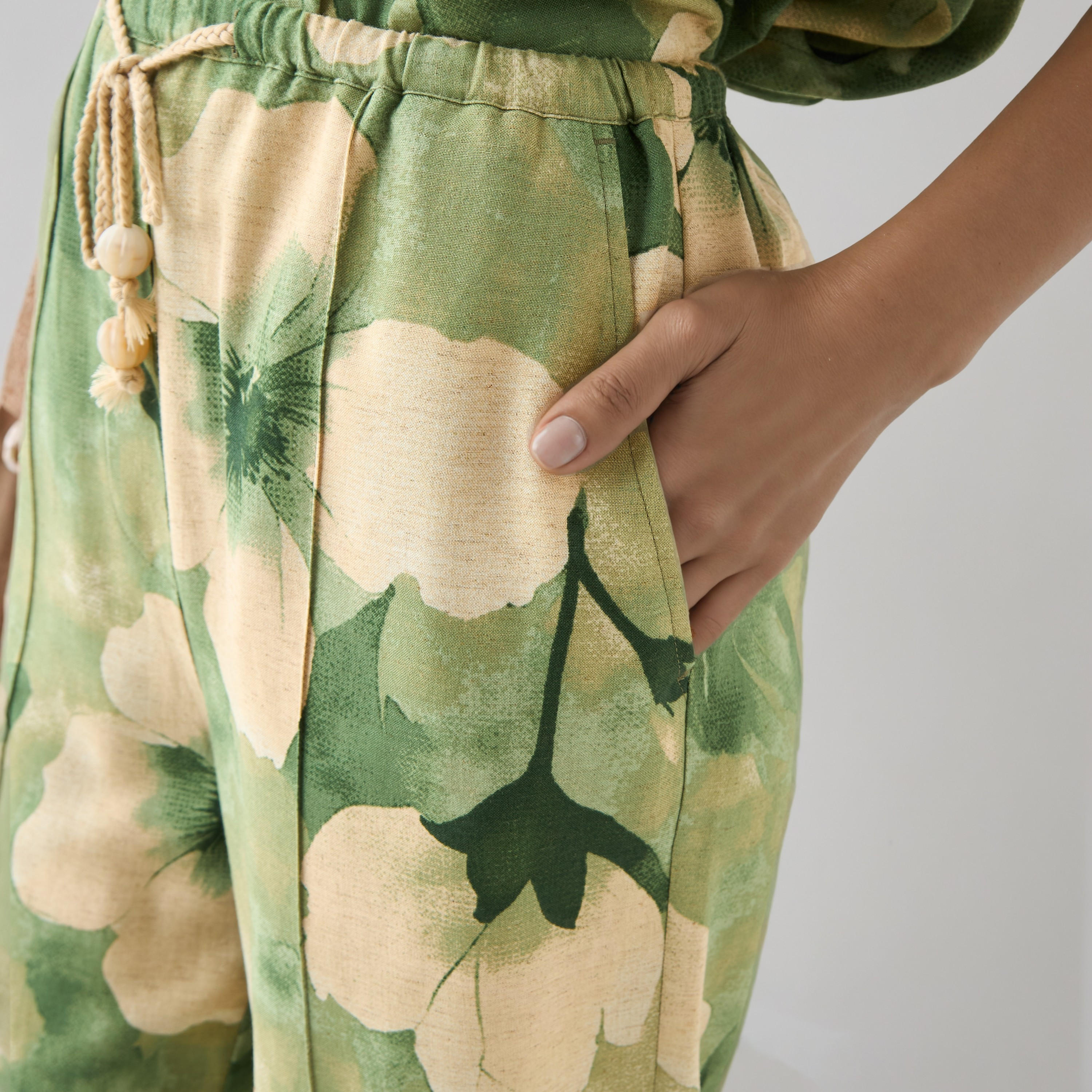 Flared Drawstring Waist Floral Print Linen Blend Pants-women-clothing-bottoms-trousers-image-5