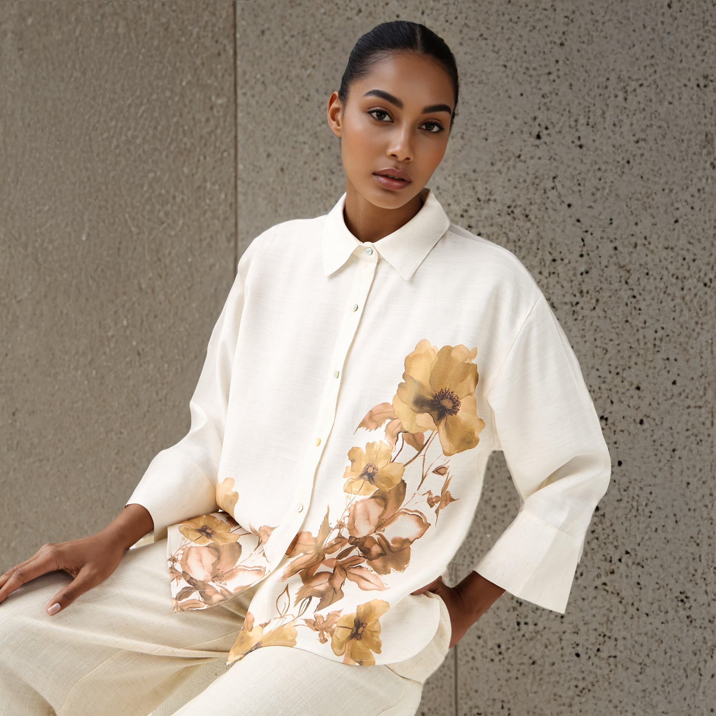 قميص كتان بقصّة عادية وطبعات زهرية-women-clothing-shirtsandblouses-shirts-image-1