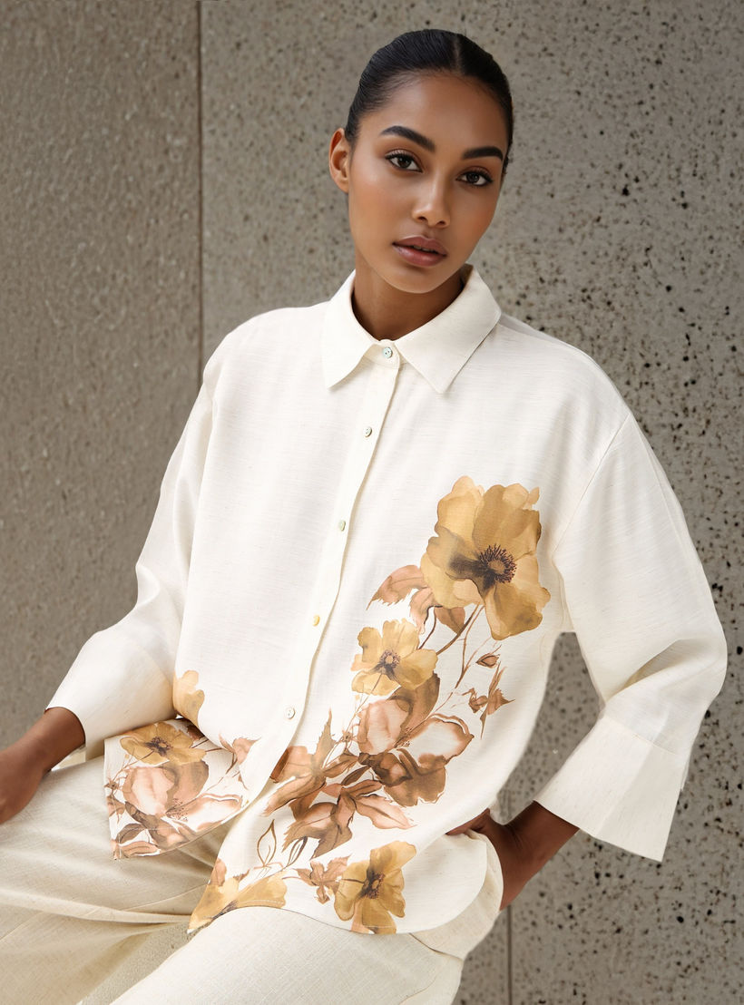 قميص كتان بقصّة عادية وطبعات زهرية-women-clothing-shirtsandblouses-shirts-image-1
