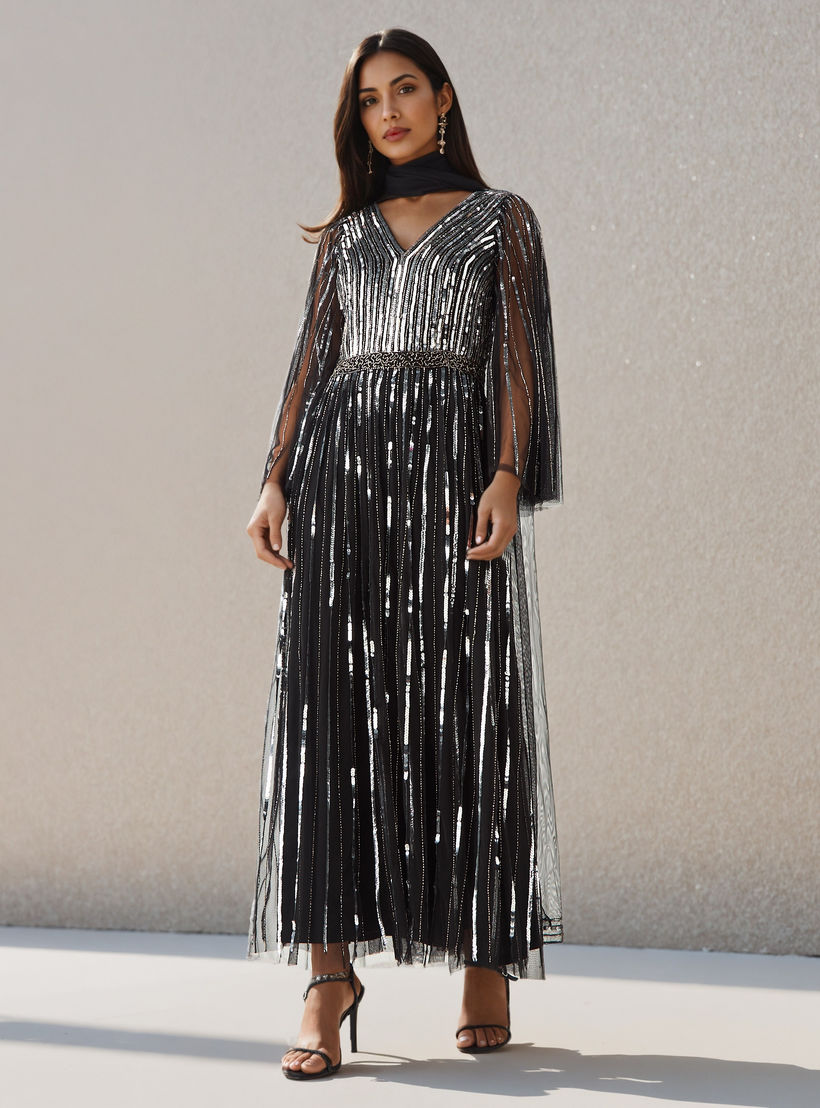 Sequin Embellished Fit and Flare Party Dress with V-neck-women-clothing-dresses-image-2
