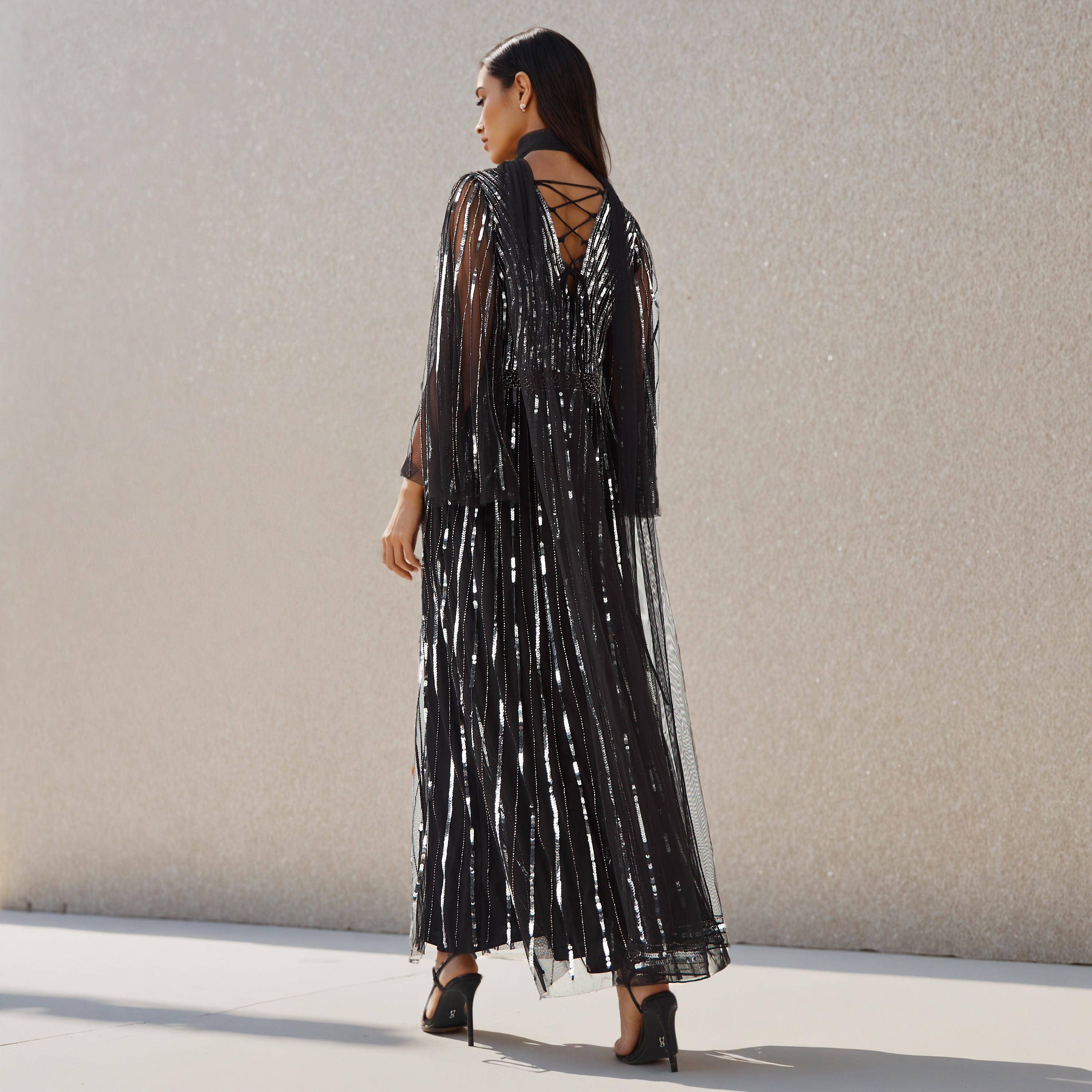 Sequin Embellished Fit and Flare Party Dress with V-neck-women-clothing-dresses-image-3