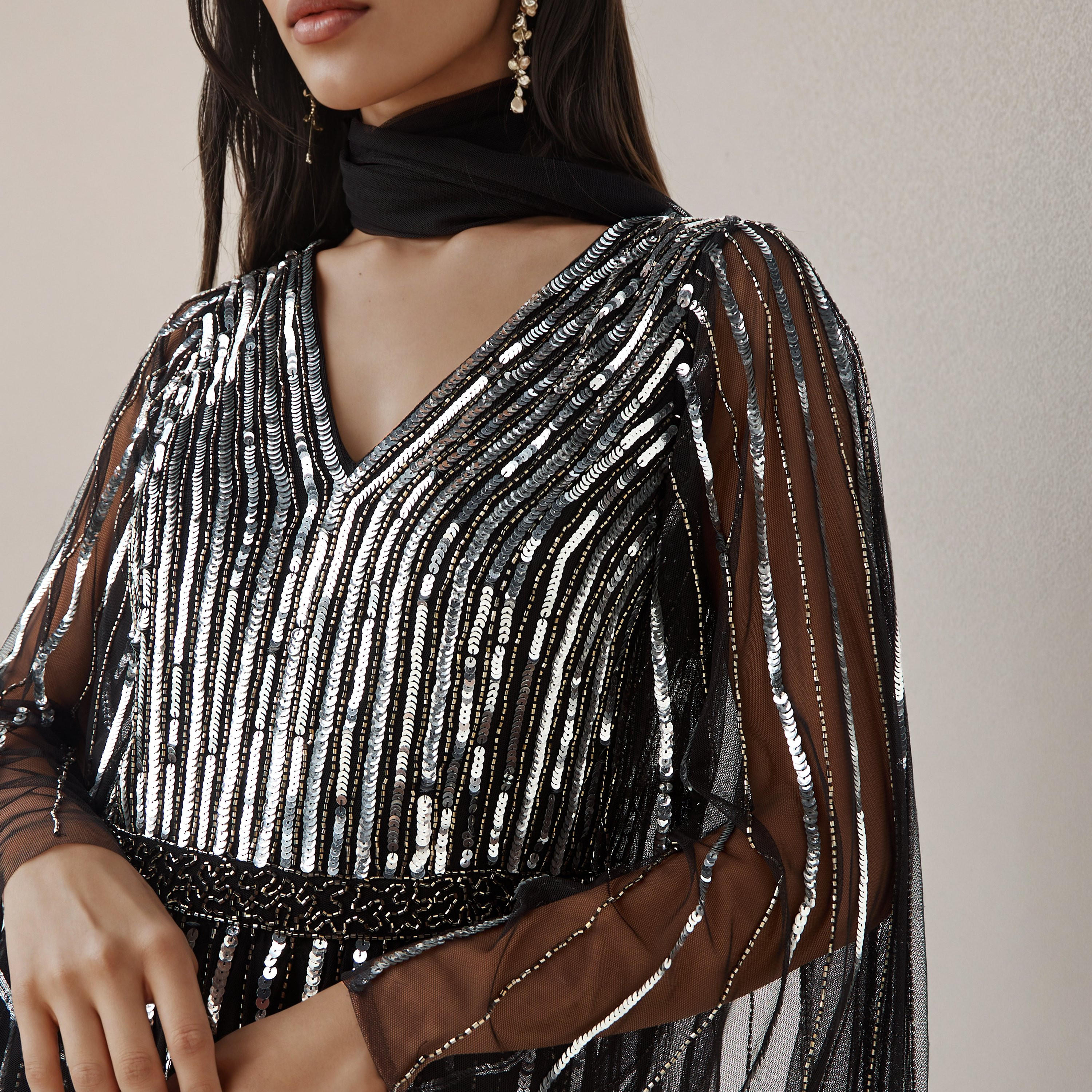 Sequin Embellished Fit and Flare Party Dress with V-neck-women-clothing-dresses-image-4