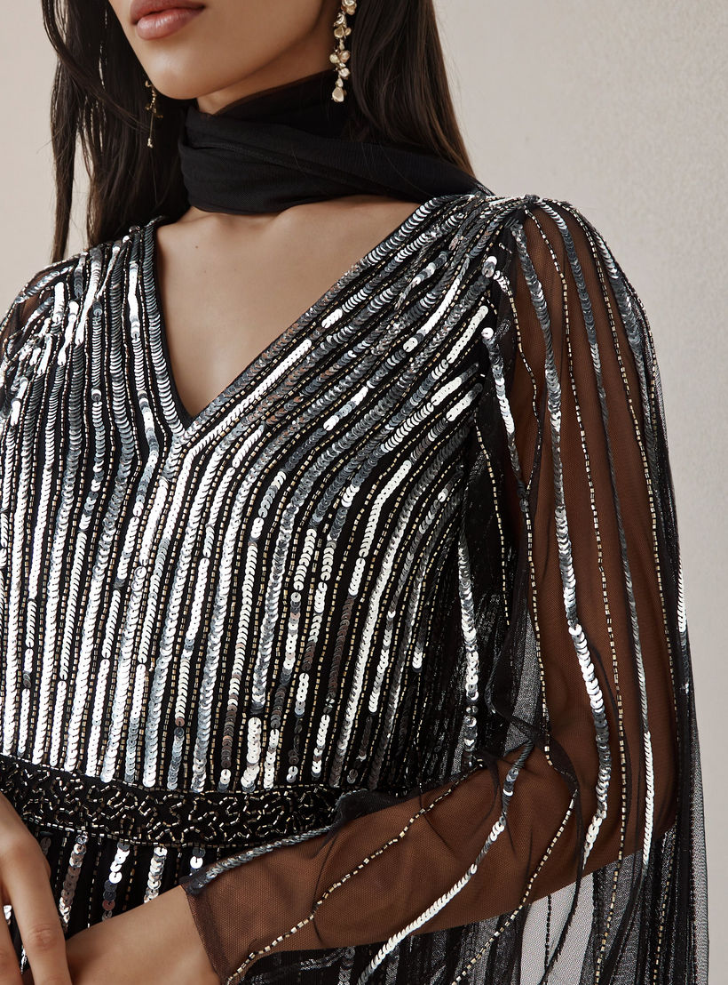 Sequin Embellished Fit and Flare Party Dress with V-neck-women-clothing-dresses-image-4