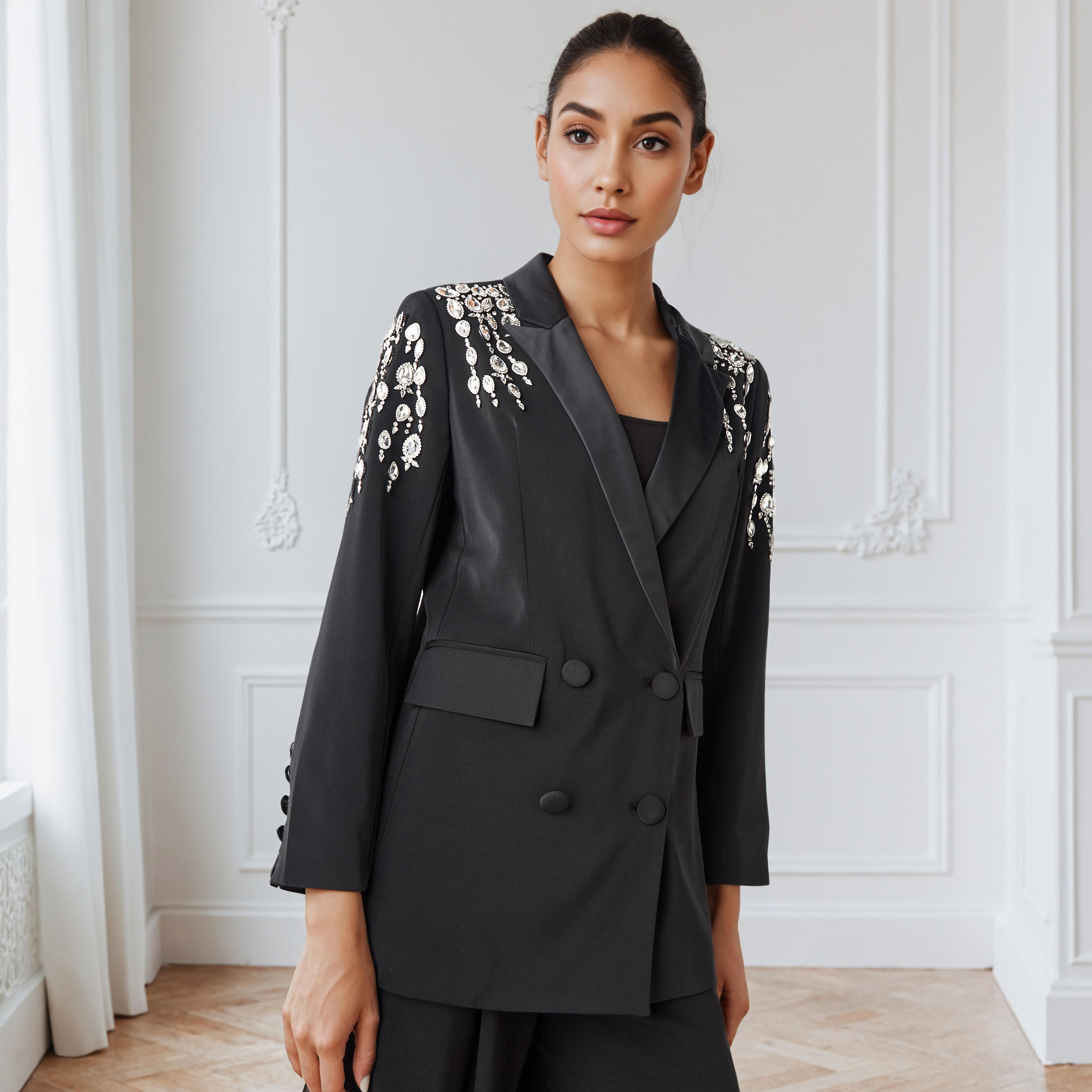 Polyester Notch Lapel Blazer with Embellishment-women-clothing-coatsandjackets-blazers-image-1