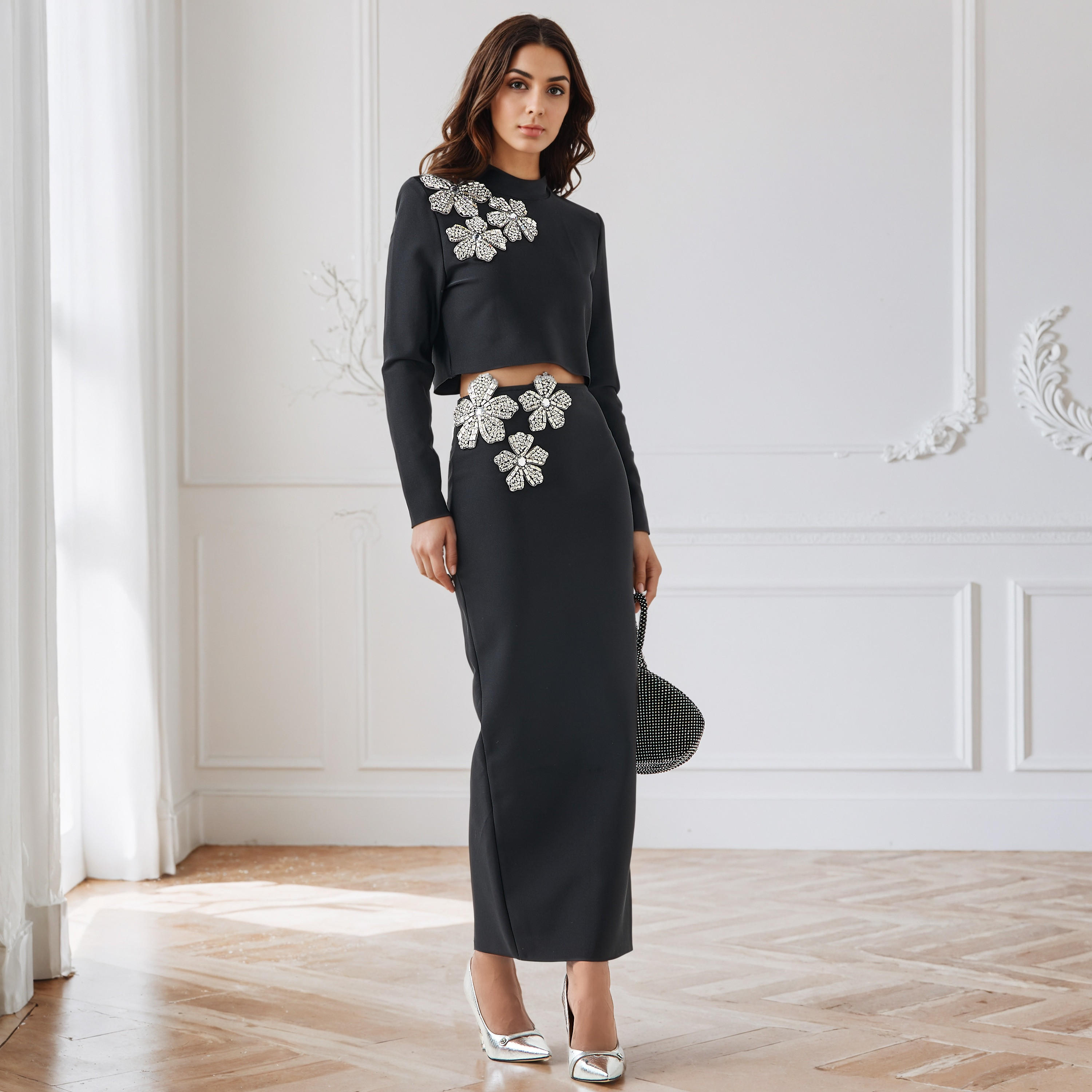 تنورة ضيقة طويلة بوليستر بسحاب إغلاق وتزيينات زهرية-women-clothing-bottoms-skirts-image-2
