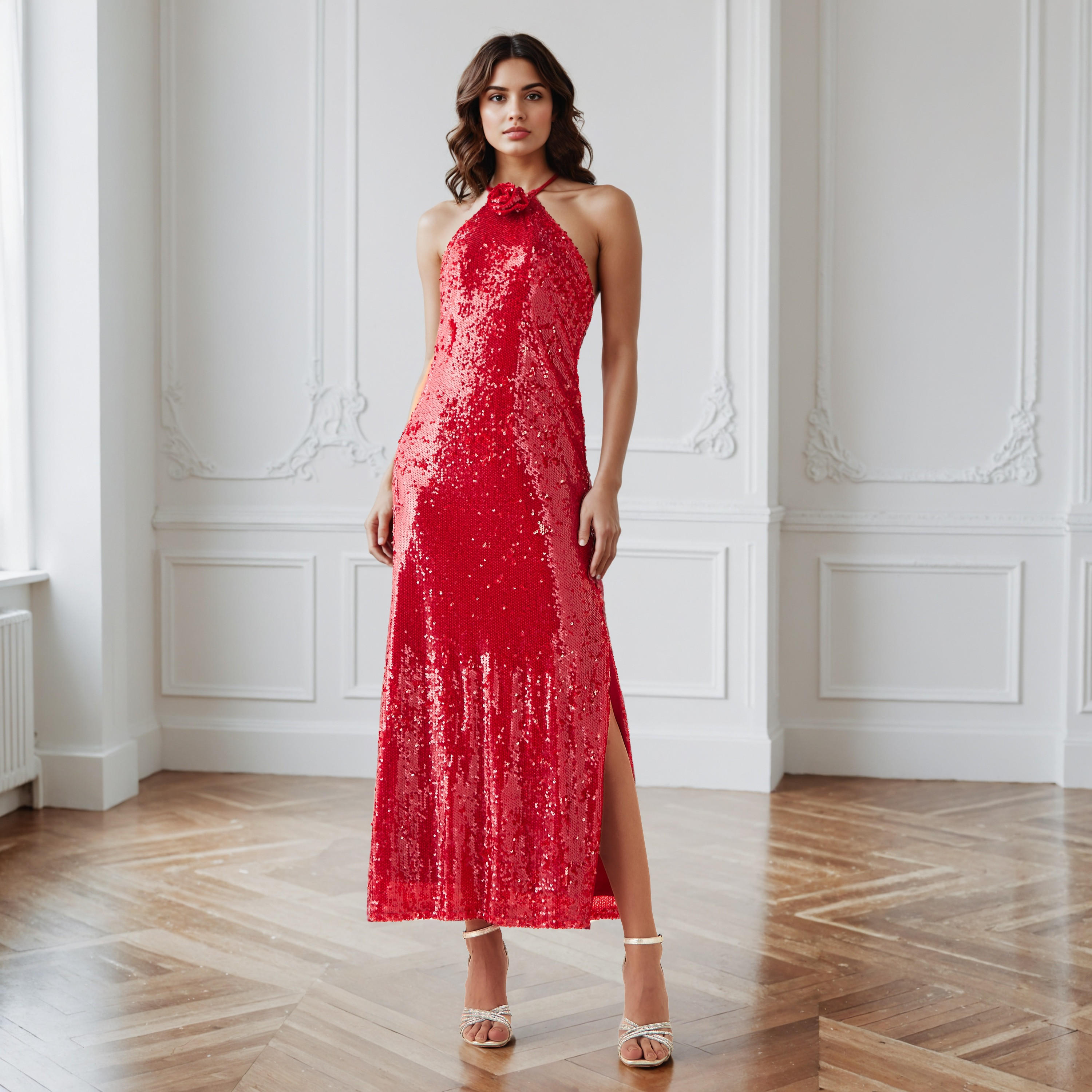 Sequin Embellished Sleeveless Party Dress with Halter Neck-women-clothing-dresses-image-1
