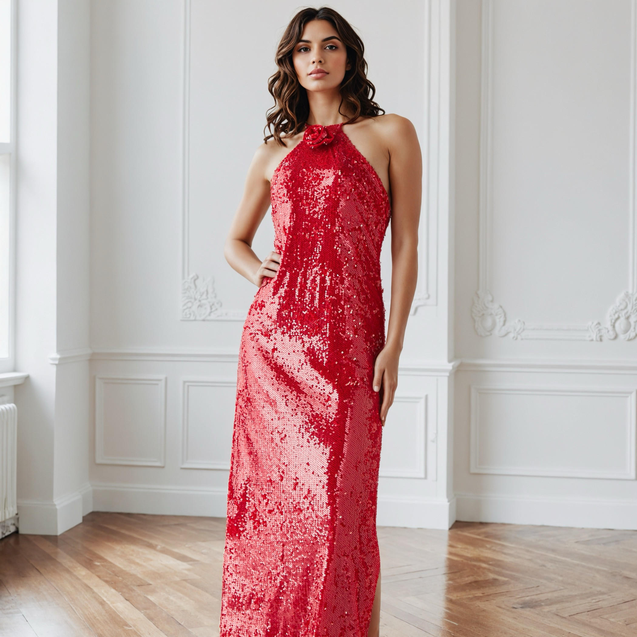 Sequin Embellished Sleeveless Party Dress with Halter Neck-women-clothing-dresses-image-2
