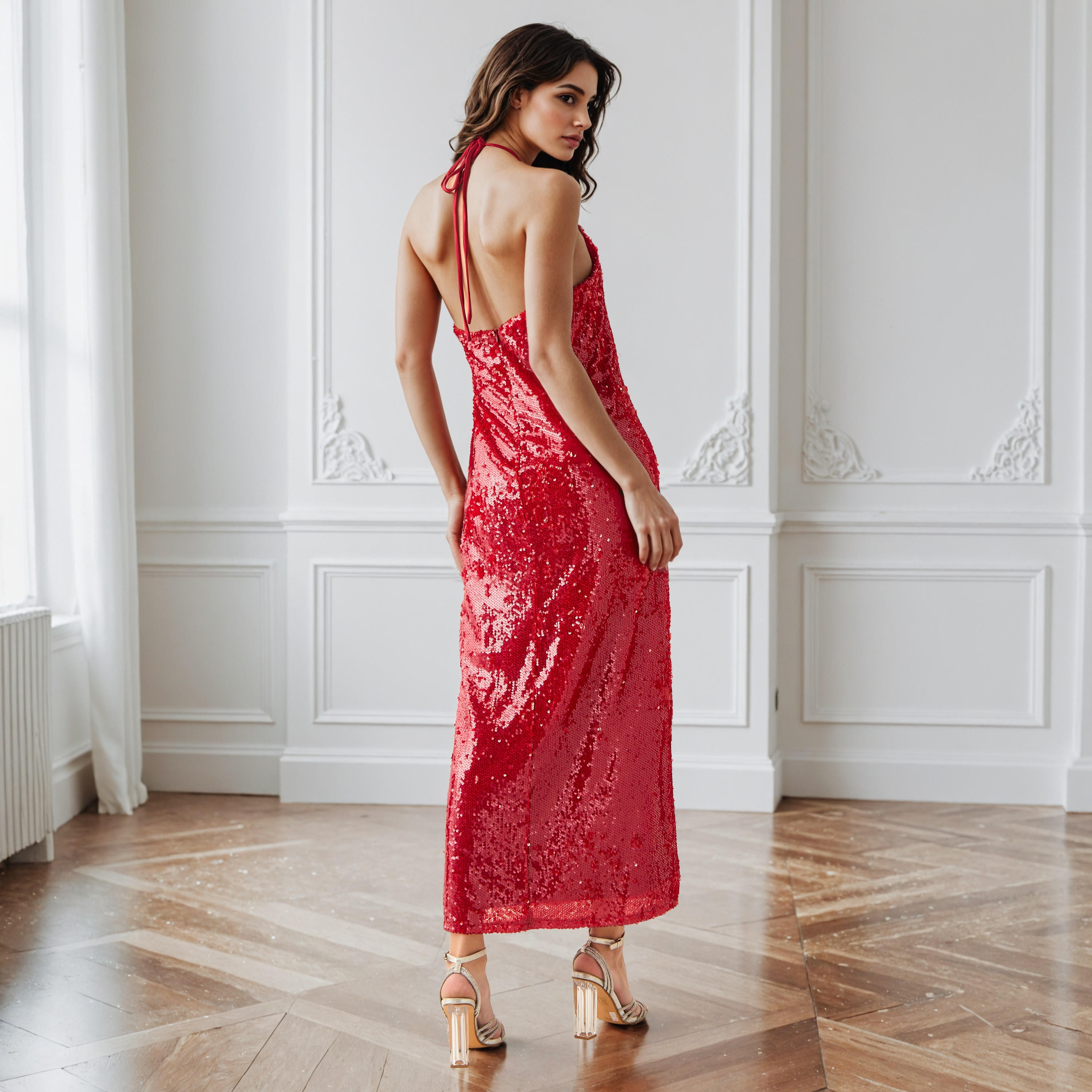 Sequin Embellished Sleeveless Party Dress with Halter Neck-women-clothing-dresses-image-3
