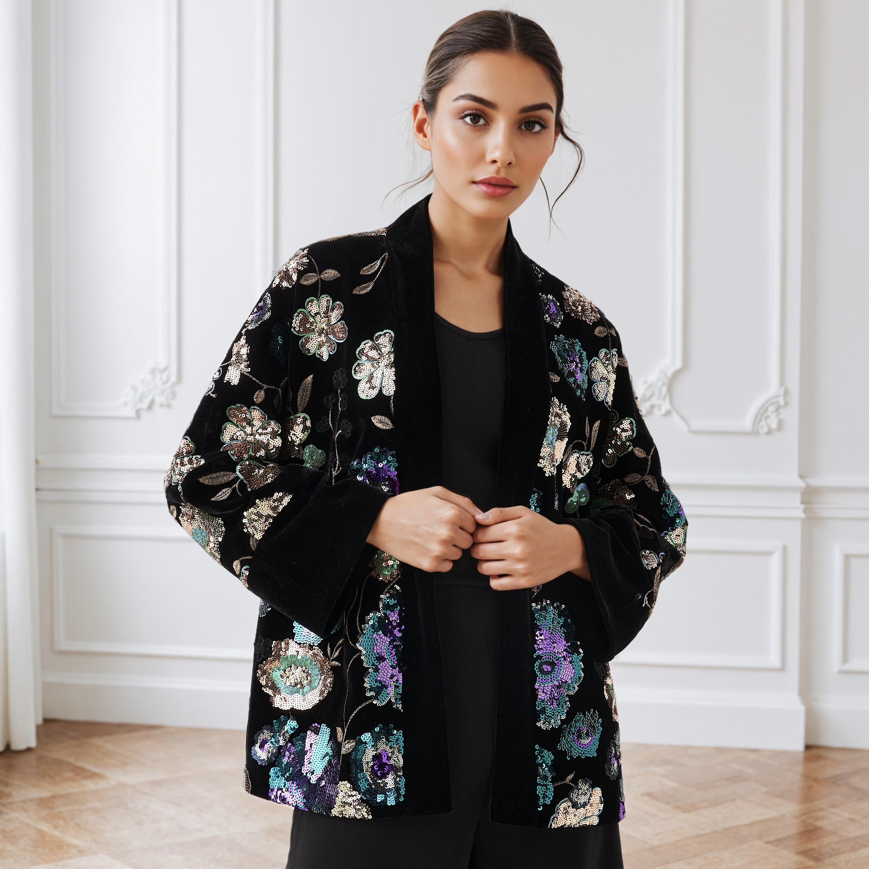 Open Front Jacket with Sequin Embellishments-women-winterwear-coatsandjackets-jackets-image-1