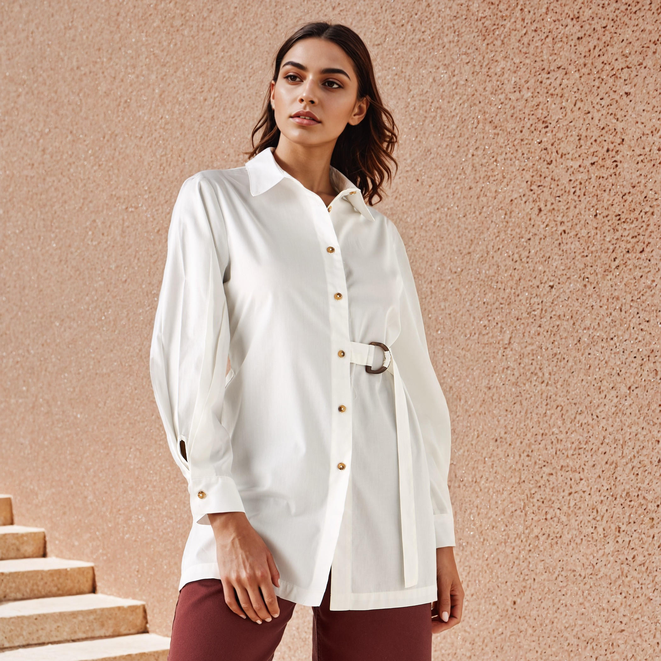 قميص قطن بياقة عادية وحزام جانبي-women-clothing-shirtsandblouses-shirts-image-5