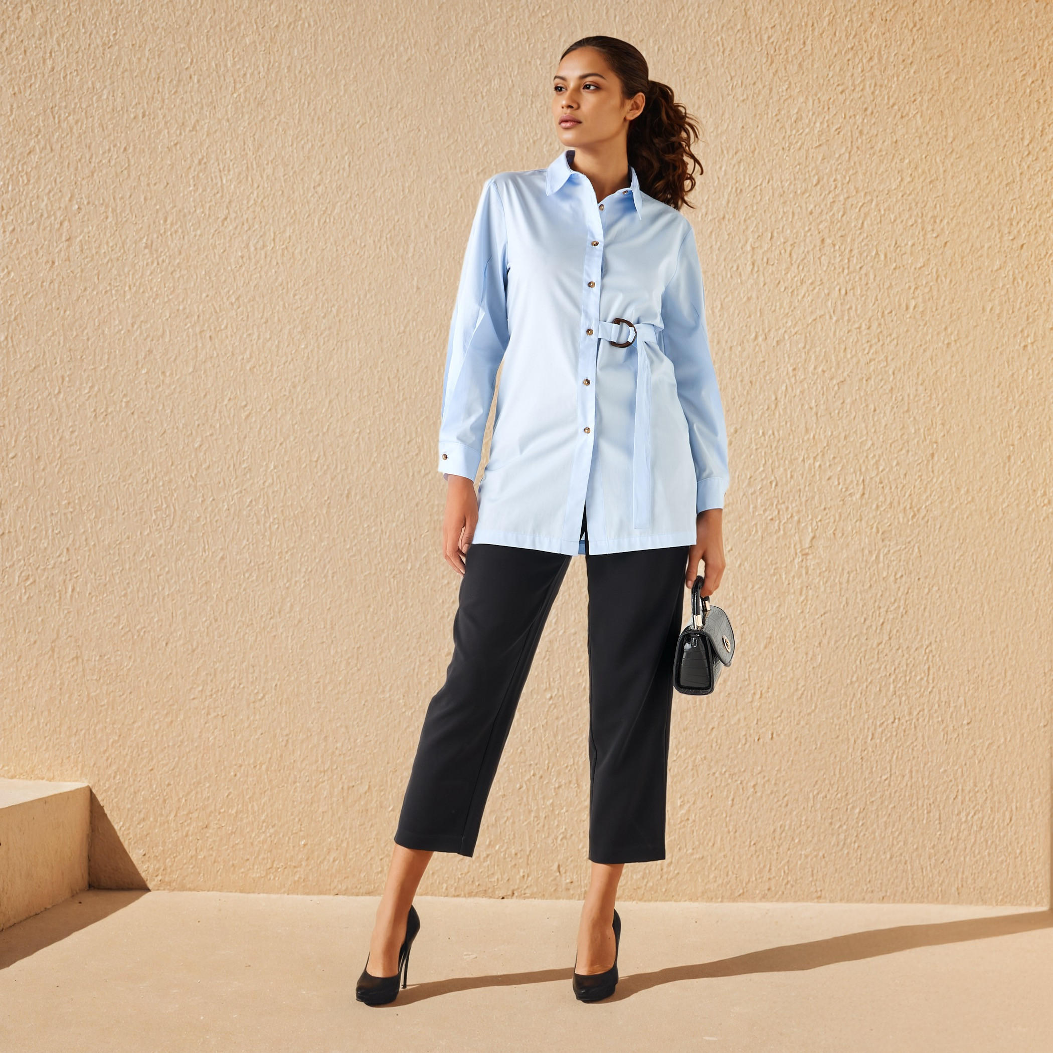 Collared Cotton Shirt with Side Belt-women-clothing-shirtsandblouses-shirts-image-2